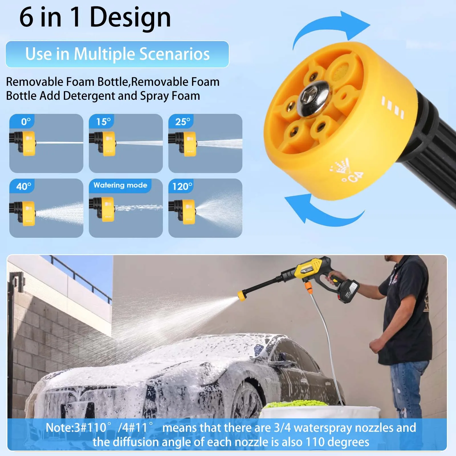 6in1 Wireless Car Wash Gun 30Bar High Pressure 1500mAh Battery 5M Hose Foam Kettle Cordless Car Washer for Home/Yard Cleaning