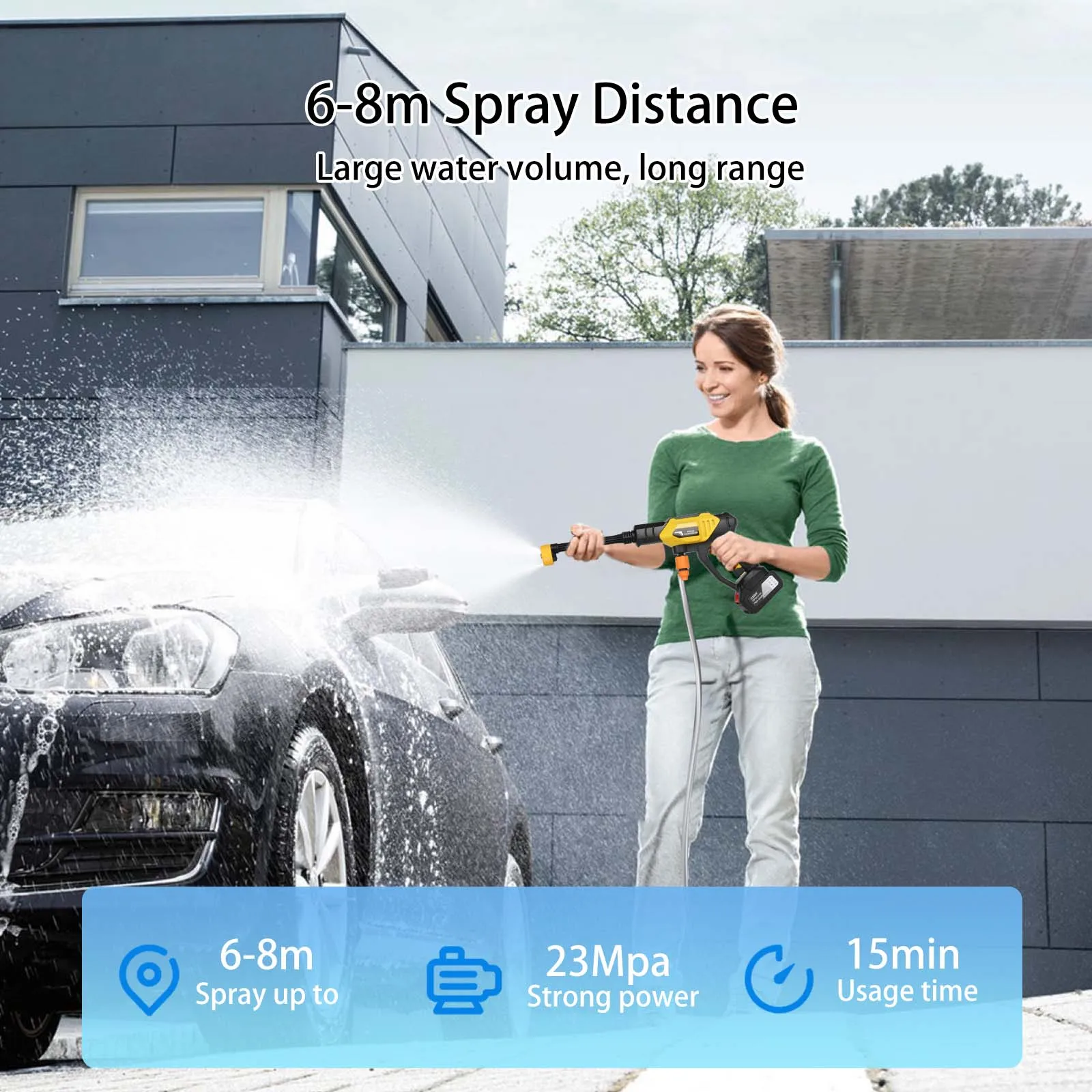 6in1 Wireless Car Wash Gun 30Bar High Pressure 1500mAh Battery 5M Hose Foam Kettle Cordless Car Washer for Home/Yard Cleaning