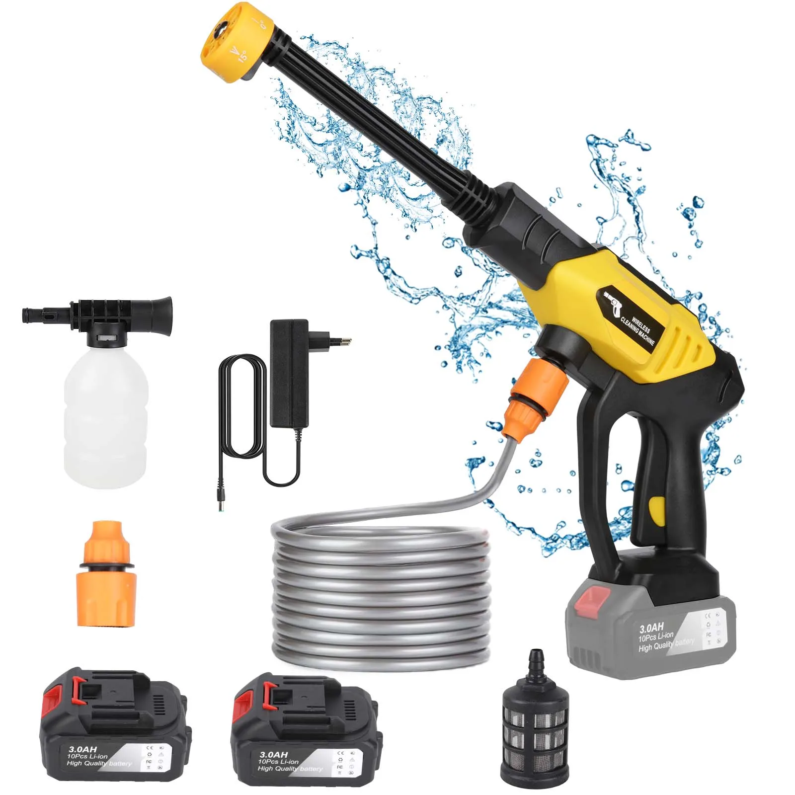 6in1 Wireless Car Wash Gun 30Bar High Pressure 1500mAh Battery 5M Hose Foam Kettle Cordless Car Washer for Home/Yard Cleaning