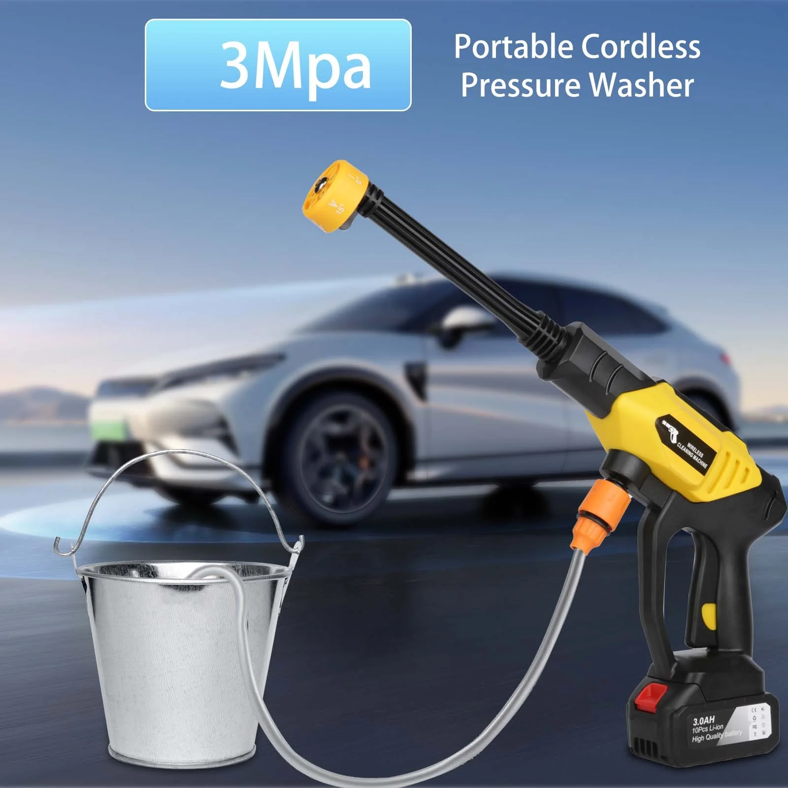 6in1 Wireless Car Wash Gun 30Bar High Pressure 1500mAh Battery 5M Hose Foam Kettle Cordless Car Washer for Home/Yard Cleaning