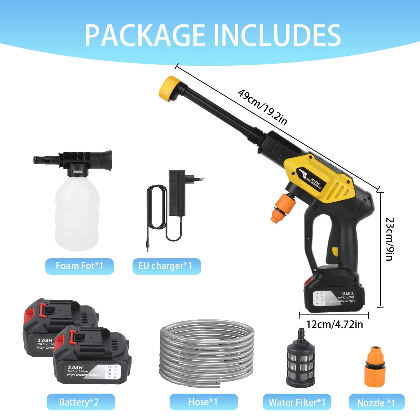 6in1 Wireless Car Wash Gun 30Bar High Pressure 1500mAh Battery 5M Hose Foam Kettle Cordless Car Washer for Home/Yard Cleaning