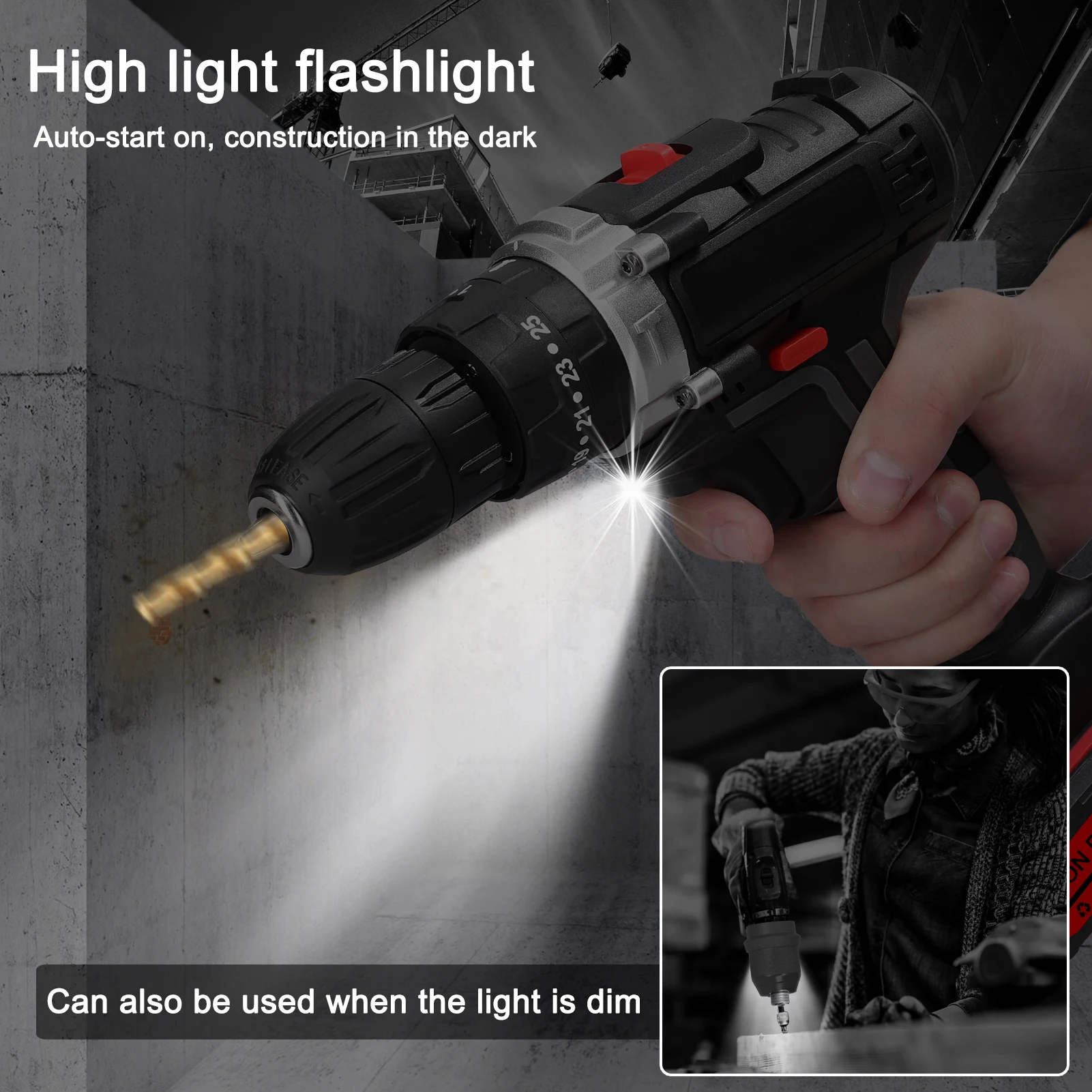 3in1 Multifuctional Electric Drill Handheld Lithium Screwdriver 21V Impact Drill Brushed Motor 2 Speeds Control Stepless Speed