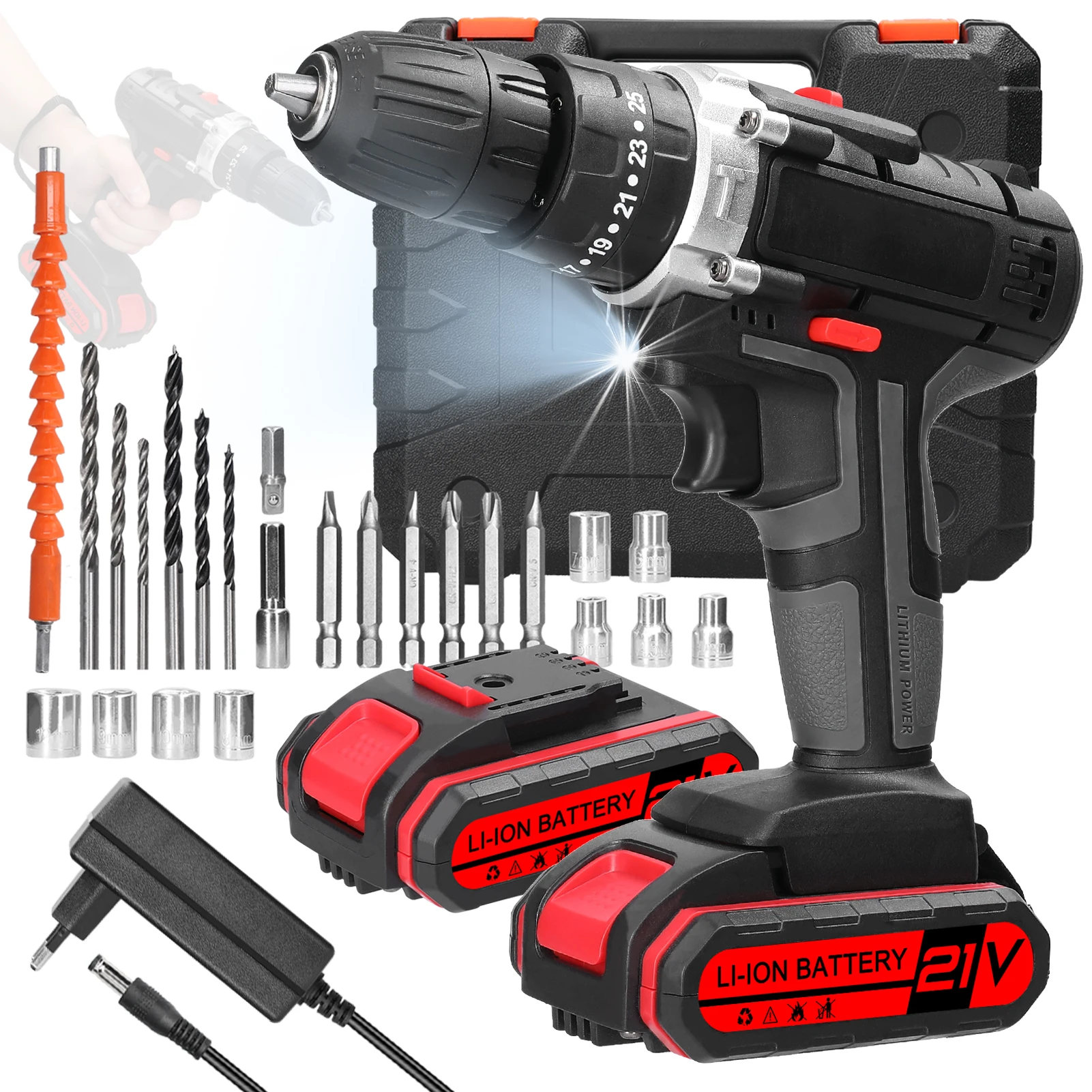3in1 Multifuctional Electric Drill Handheld Lithium Screwdriver 21V Impact Drill Brushed Motor 2 Speeds Control Stepless Speed