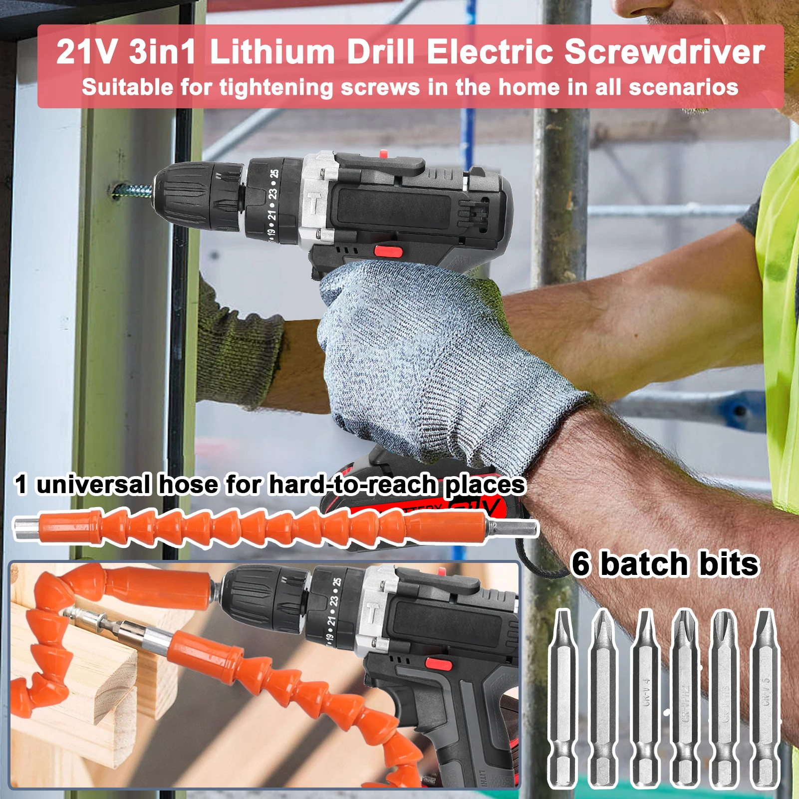 3in1 Multifuctional Electric Drill Handheld Lithium Screwdriver 21V Impact Drill Brushed Motor 2 Speeds Control Stepless Speed