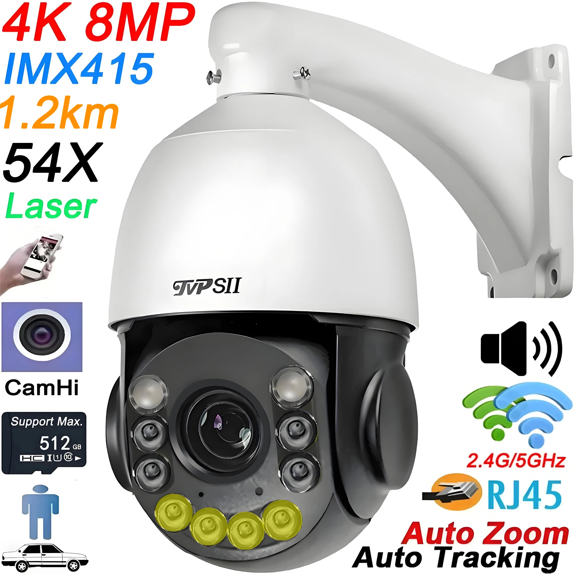 Max.512G Metal Laser Infrared Full Color Auto Tracking Cruise CamHi 8MP 4K 54X Optical Zoom Audio Speed PTZ Dome 2.4Ghz 5.0Ghz Rj45 WIFI IP Camera