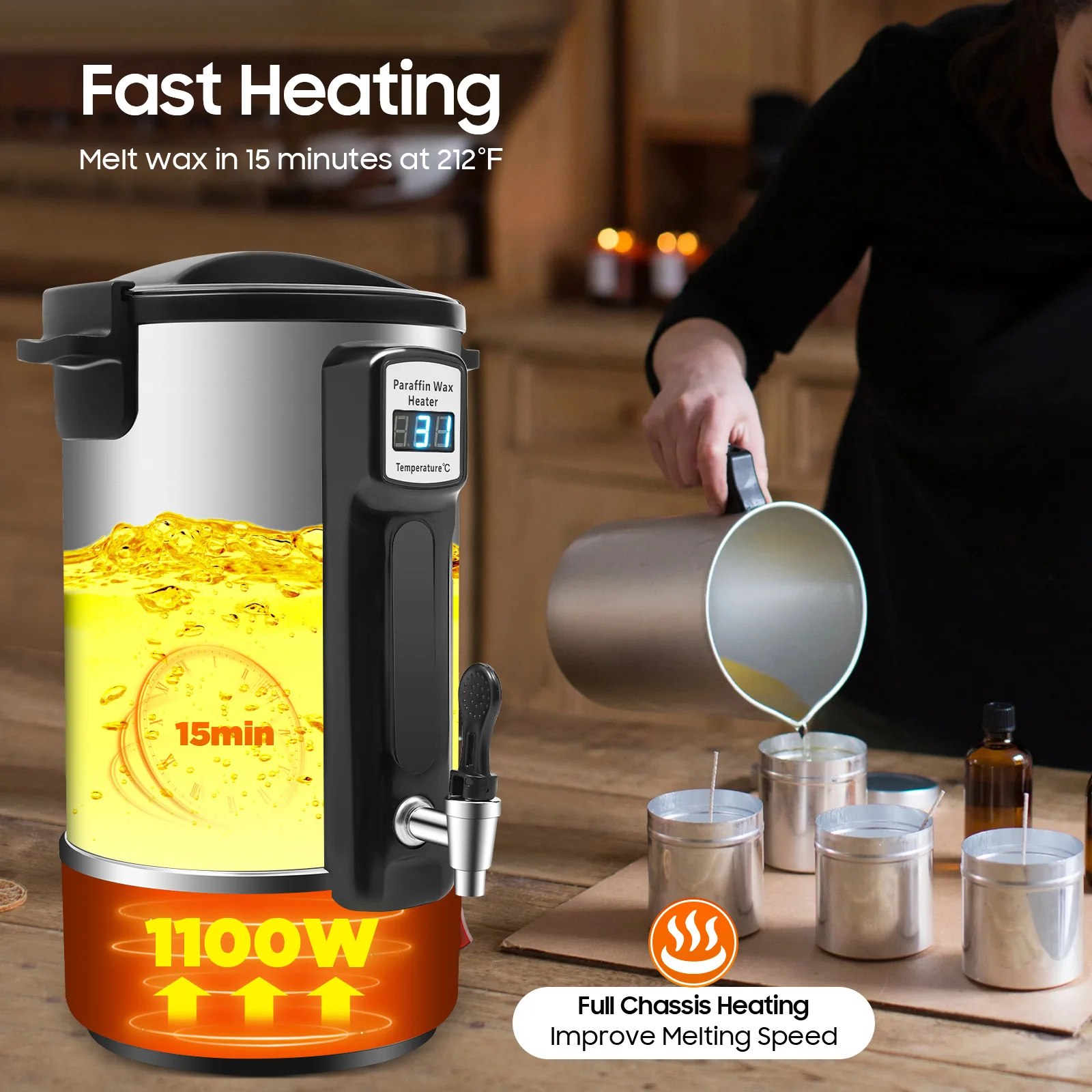 8L/10.8L/12L Wax Melter for Candle Making 1100W Electric LED Wax Melting Pot Wax Warmer Machine Candle DIY Wax Heater with Spout