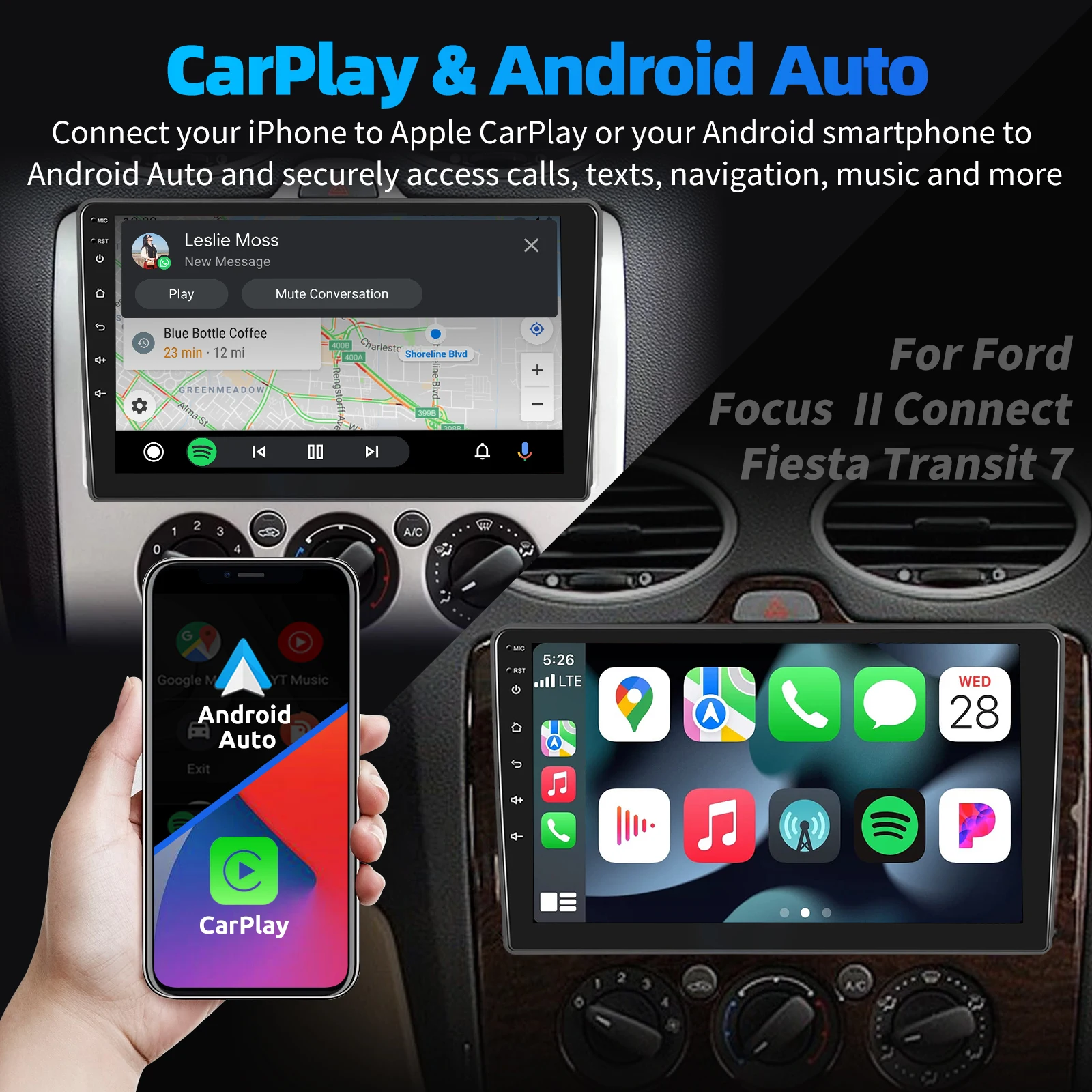ESSGOO 9" Android 14 Carplay For Ford Transit Connect MK7 Focus Galaxy Fiesta C S Max Kuga Car Stereo GPS Nav Wifi RDS Bluetooth