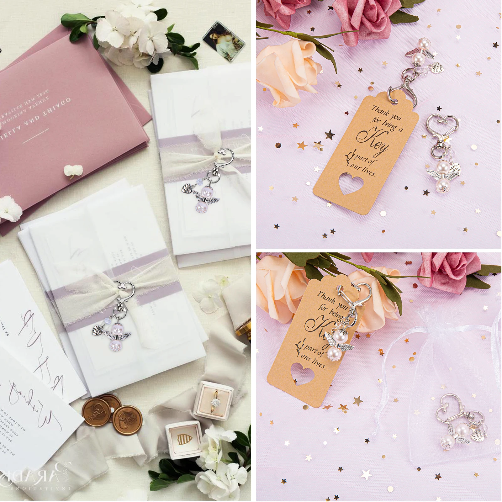20pcs/set Baptism Favors Angel Keychains Pendant Baptism Party Boxes White Moon Star Organza Bags with Drawstring Thank You Tags