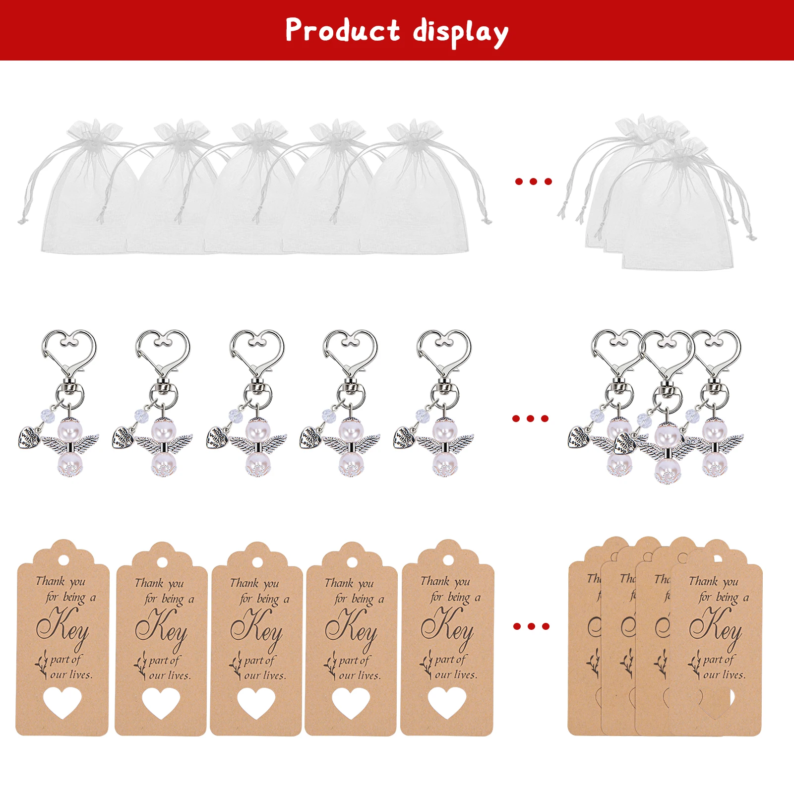 20pcs/set Baptism Favors Angel Keychains Pendant Baptism Party Boxes White Moon Star Organza Bags with Drawstring Thank You Tags