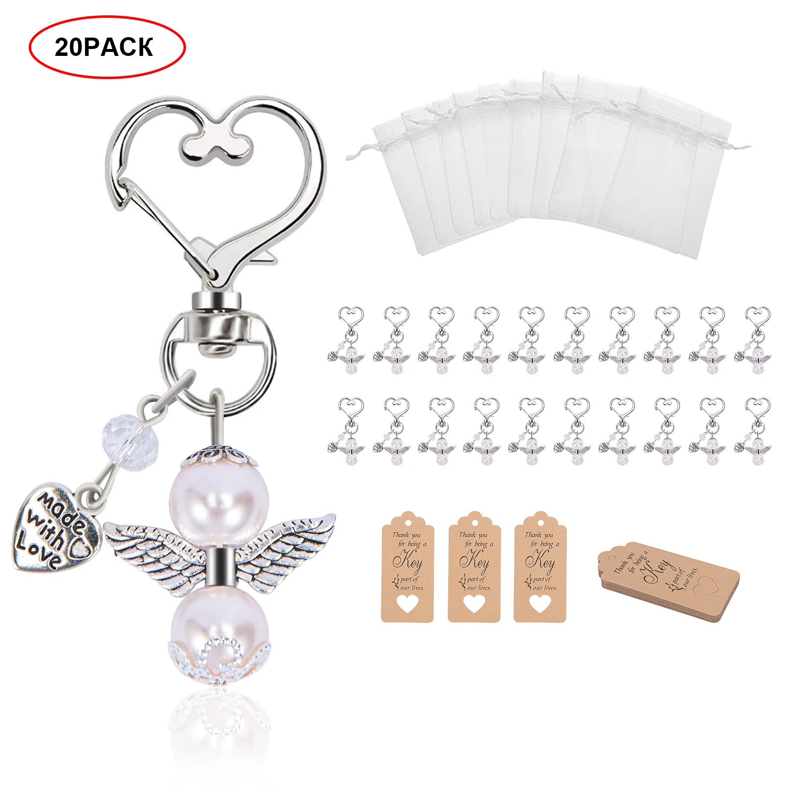 20pcs/set Baptism Favors Angel Keychains Pendant Baptism Party Boxes White Moon Star Organza Bags with Drawstring Thank You Tags