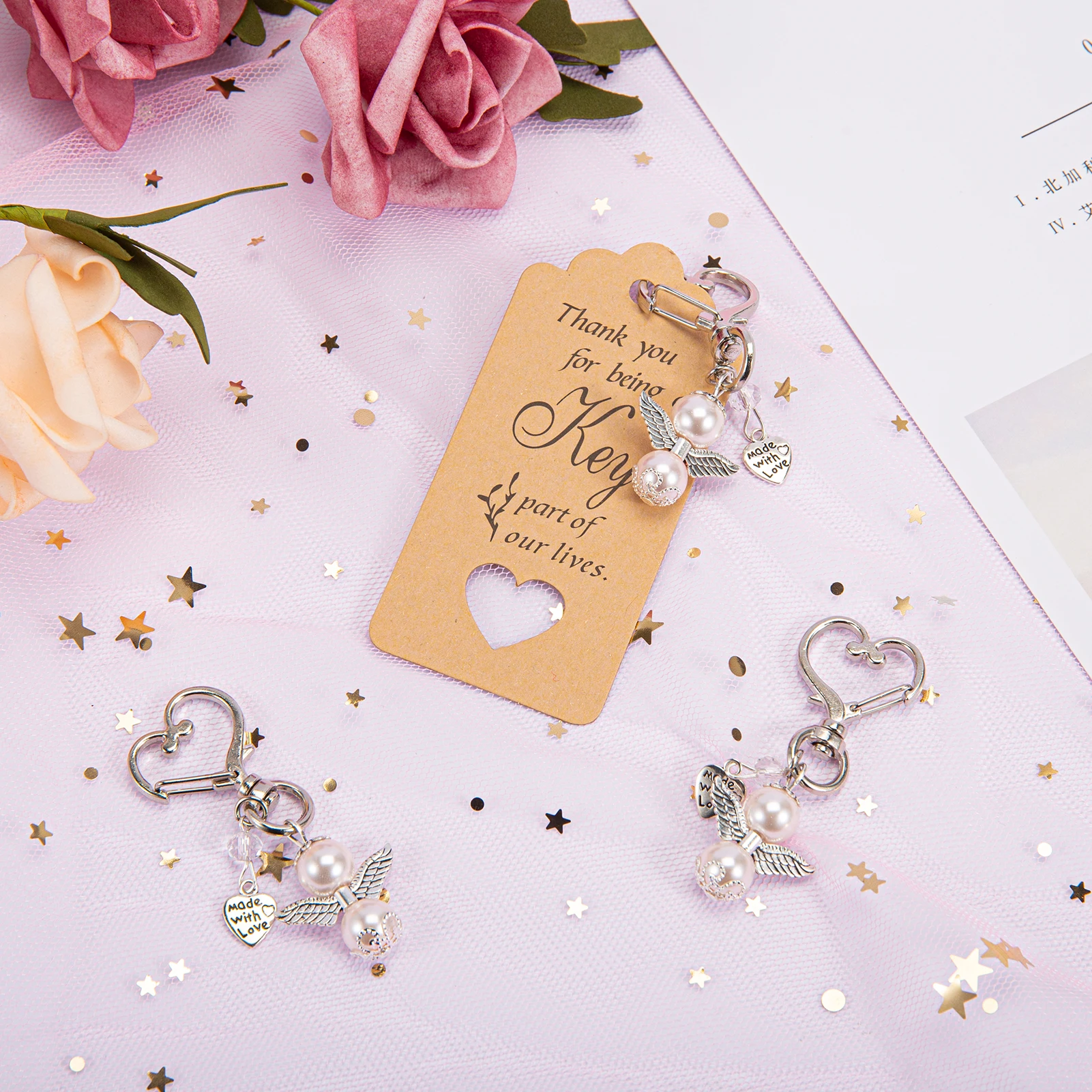 20pcs/set Baptism Favors Angel Keychains Pendant Baptism Party Boxes White Moon Star Organza Bags with Drawstring Thank You Tags