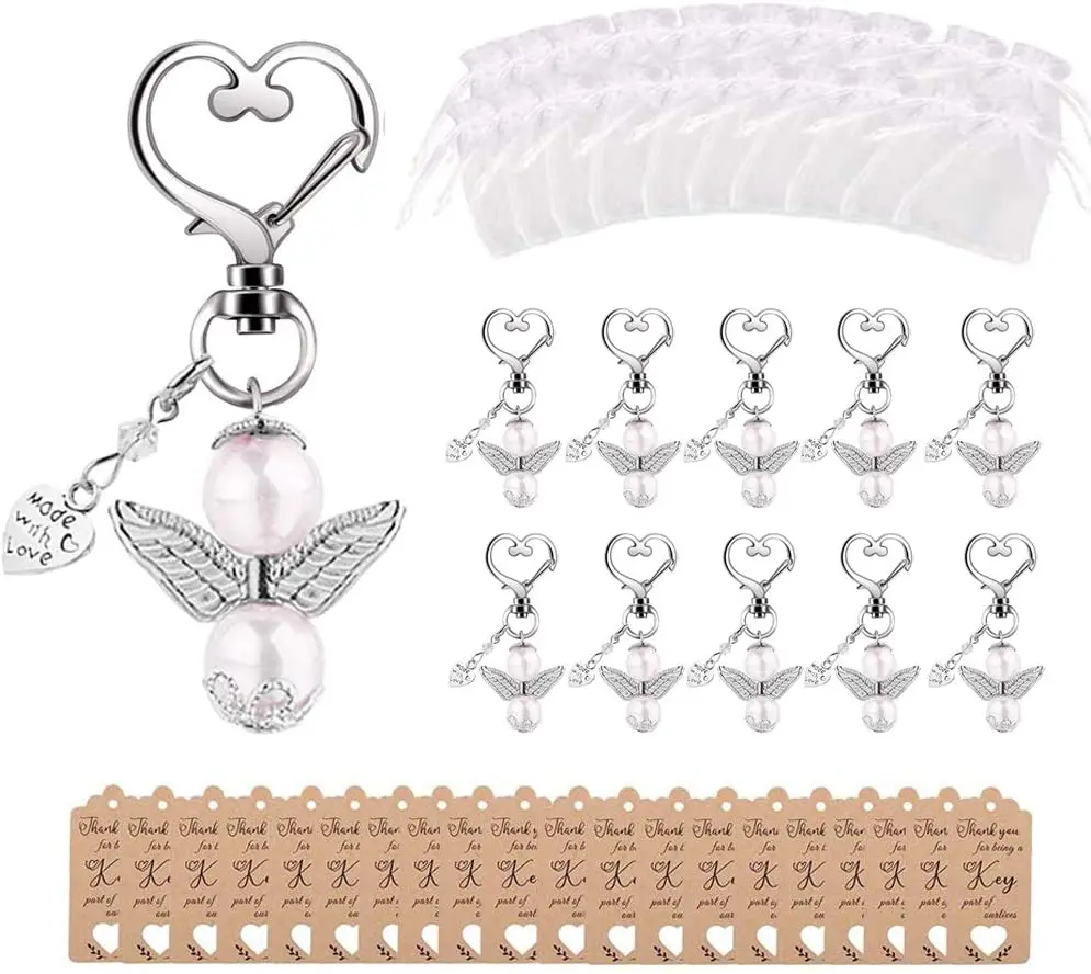 20pcs/set Baptism Favors Angel Keychains Pendant Baptism Party Boxes White Moon Star Organza Bags with Drawstring Thank You Tags