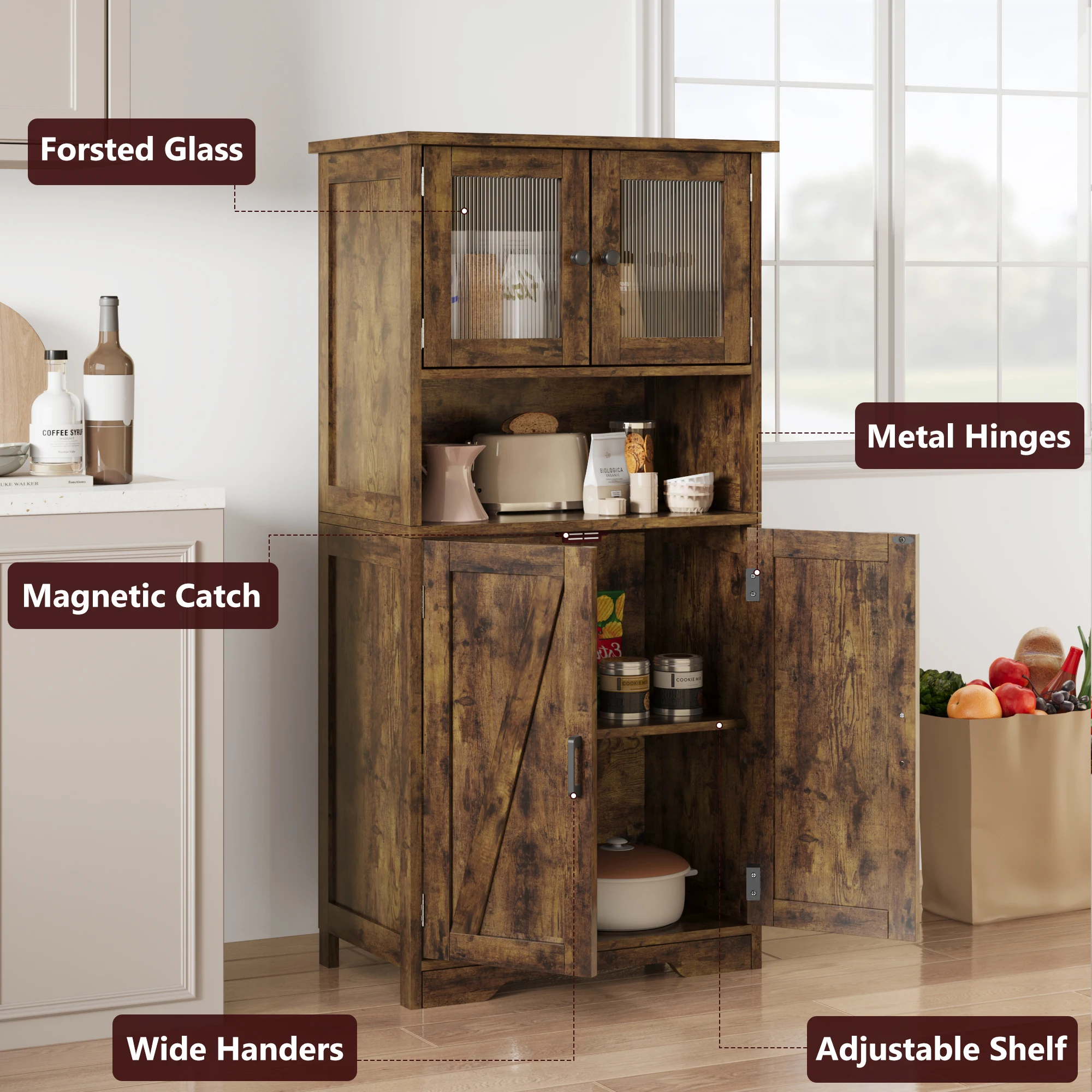 Bathroom Cabinet, White Freestanding Floor Linen Storage Cabinet, Kitchen Pantry Storage Cabinet with Glass Doors & Shelves