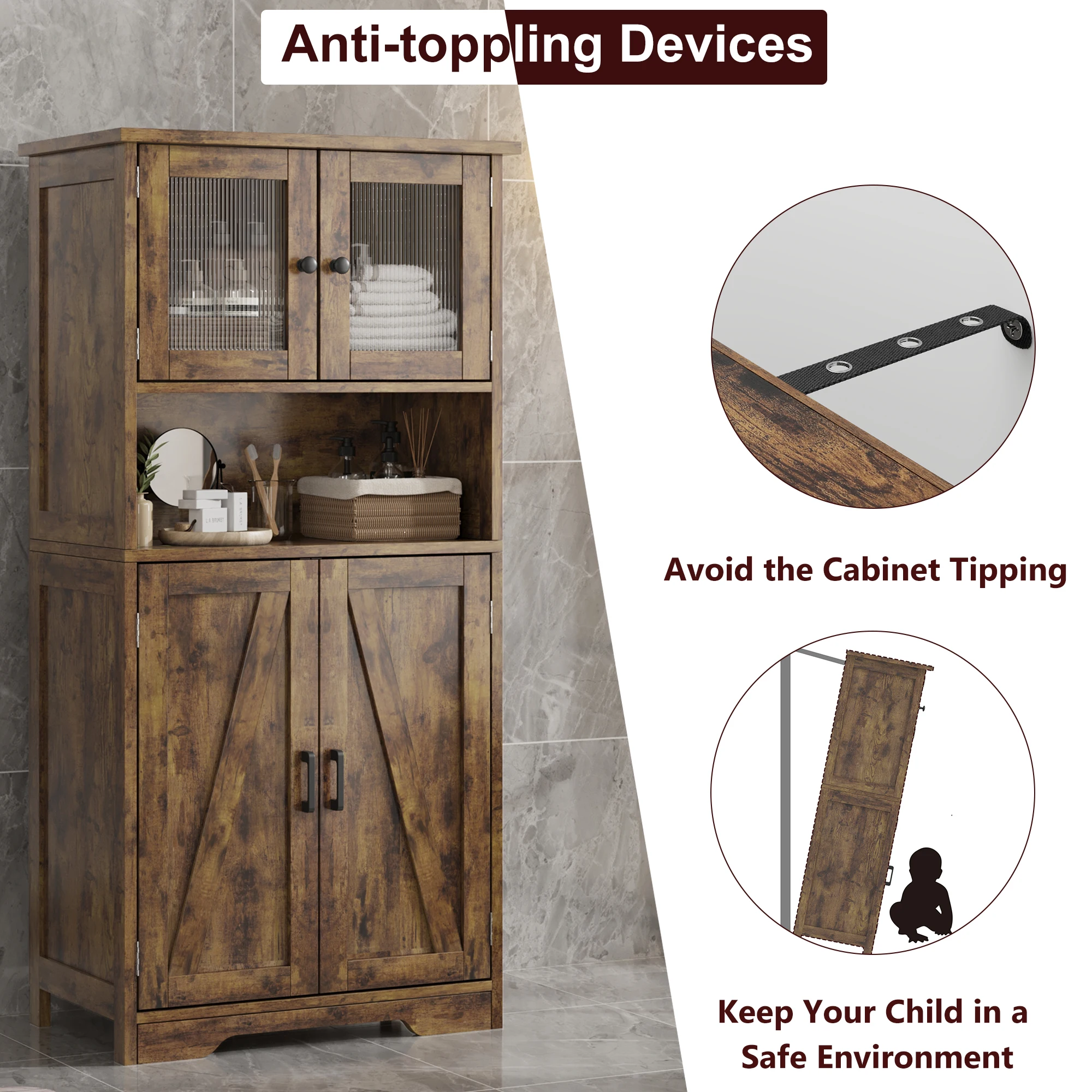 Bathroom Cabinet, White Freestanding Floor Linen Storage Cabinet, Kitchen Pantry Storage Cabinet with Glass Doors & Shelves
