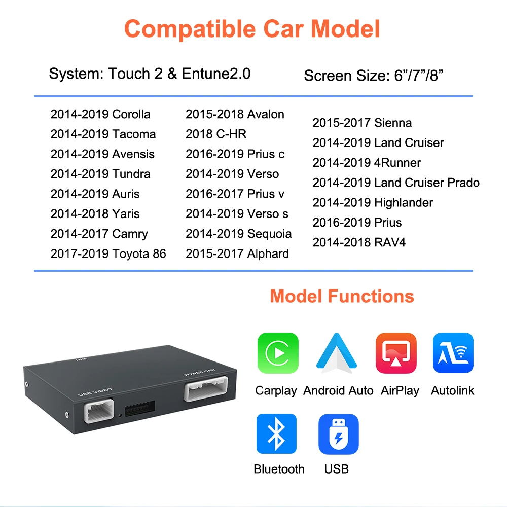 Bonroad Wireless Carplay Android Auto Decoder For TOYOTA Touch2 Entune2.0 Highlander Tundra Sienna Prius Yaris Camry CHR Module