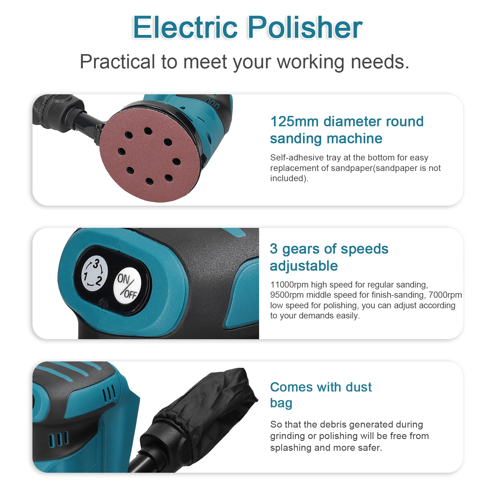 125mm Cordless Orbital Sander Wood Grinder Car Polisher Metal Waxing Polishing Grinding Sanding Machine for 18V Makita Battery