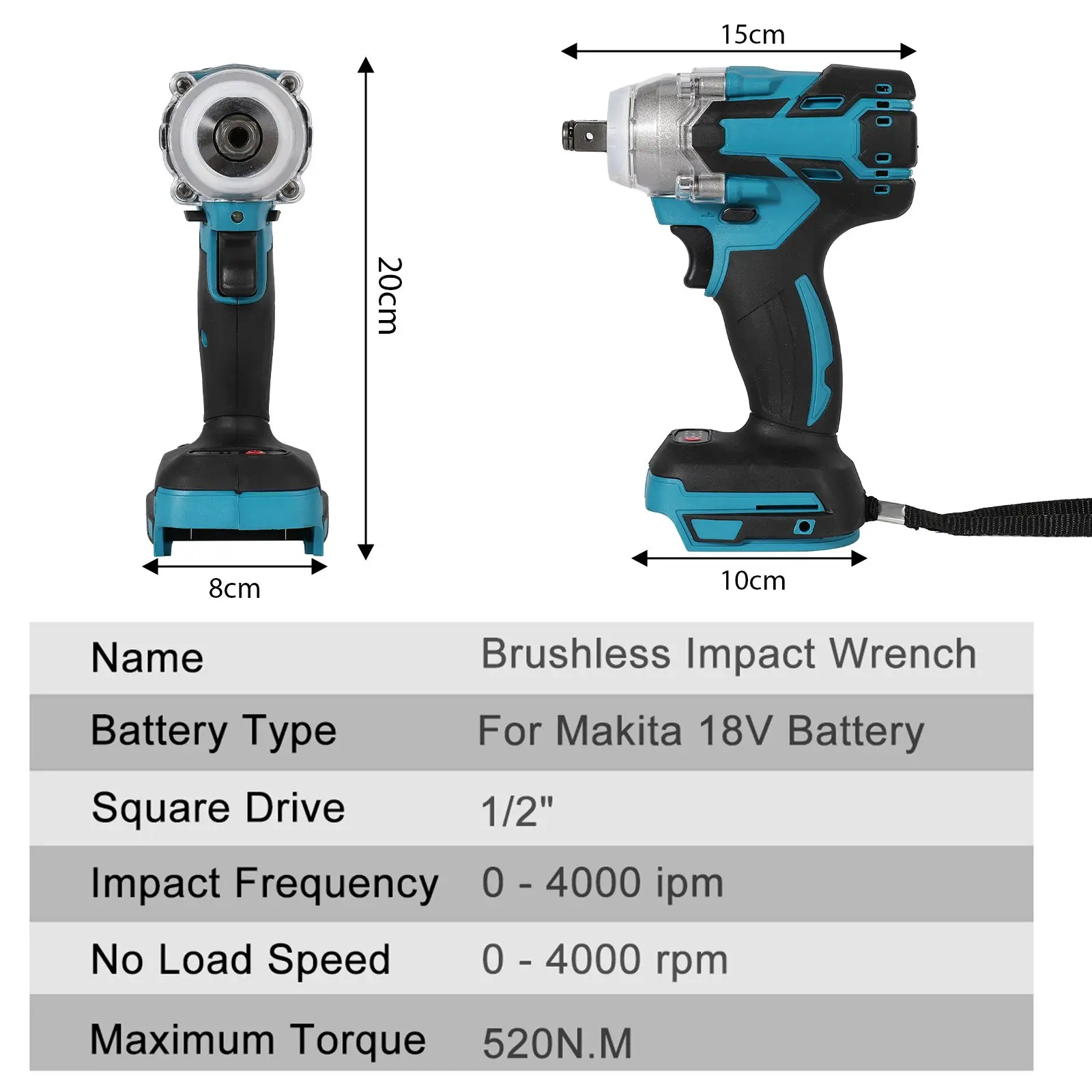 520N.m Brushless Electric Wrench For Makita 18V Battery Cordless Electric Impact Wrench Hand Drill Socket Power Tools
