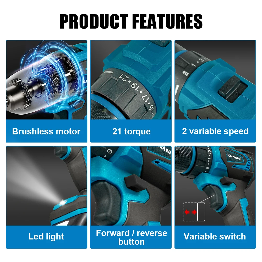 Kamolee 10MM Brushless Electric Impact Drill Cordless Screwdriver Lithium Battery Charging Hand Drill For Makita 18V Battery
