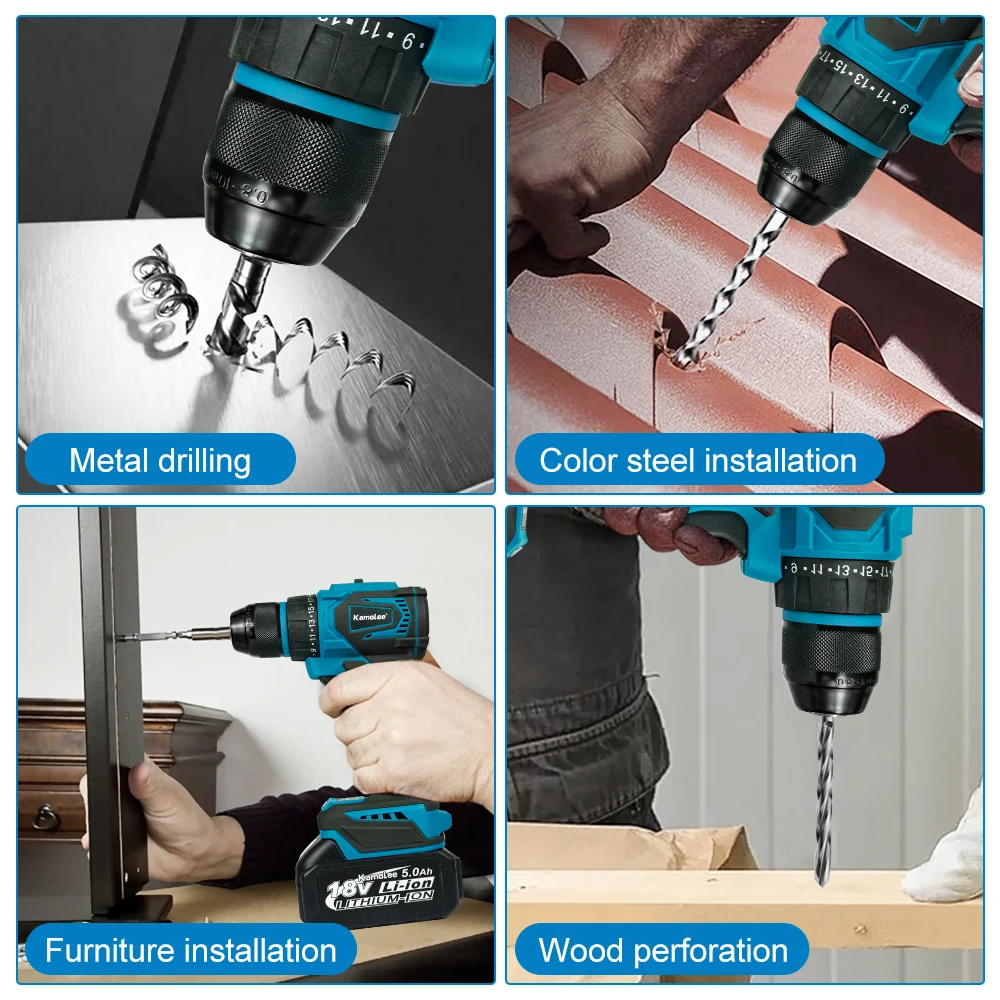 Kamolee 10MM Brushless Electric Impact Drill Cordless Screwdriver Lithium Battery Charging Hand Drill For Makita 18V Battery