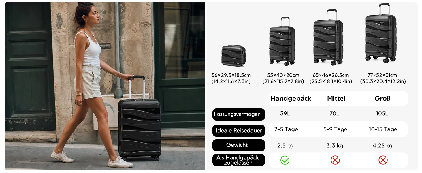 Kono Hard Shell Lightweight Pp Trolley Luggage Travel Bags Suitcase with Tsa Lock and 360 ° Spinner Wheels