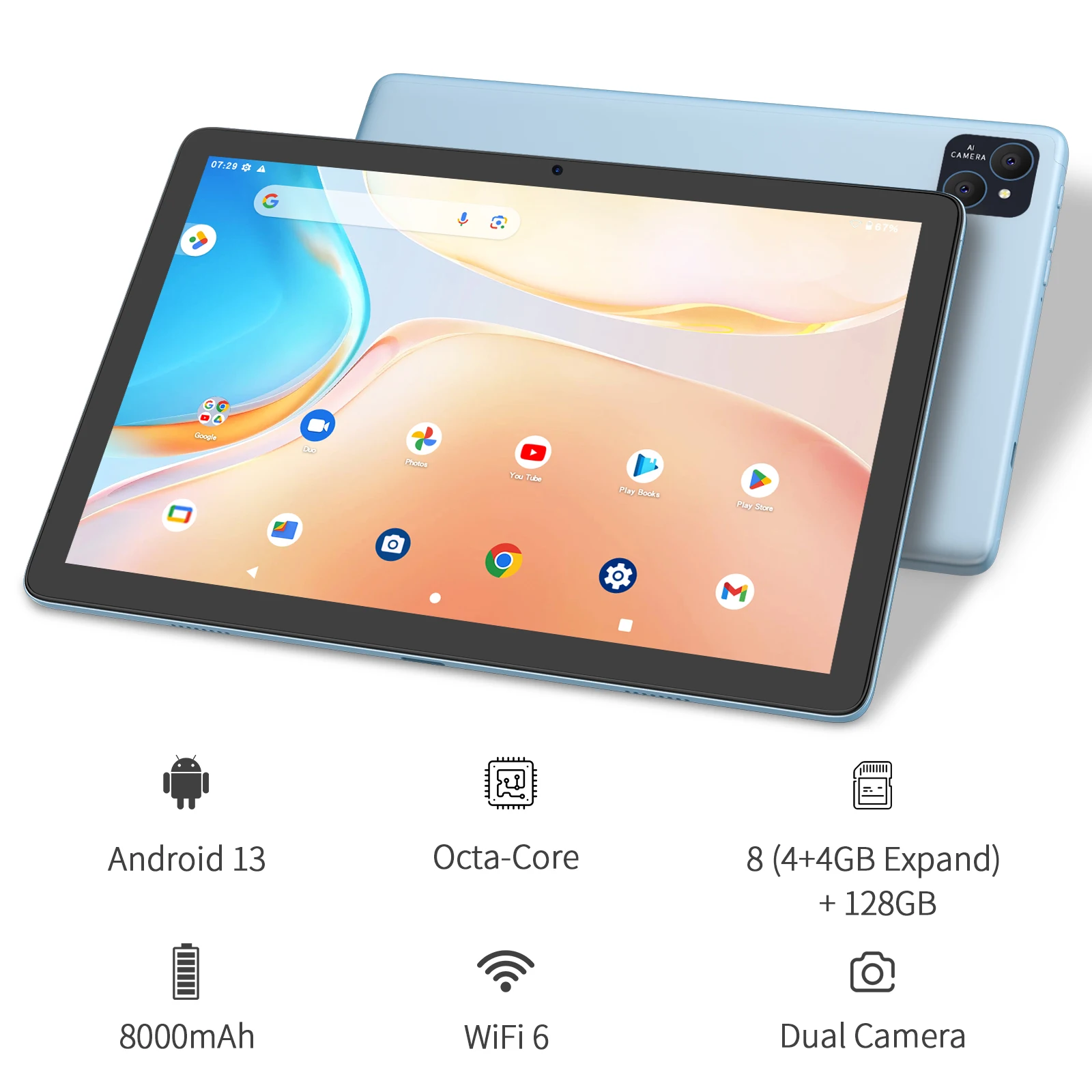 Tablet 10 inch, Android 13,Octa-Core, 5Ghz WiFi, 128 GB storage, 8000 mAh, 2.0 MP 8.0 MP camera, GMS certified Tablet PC