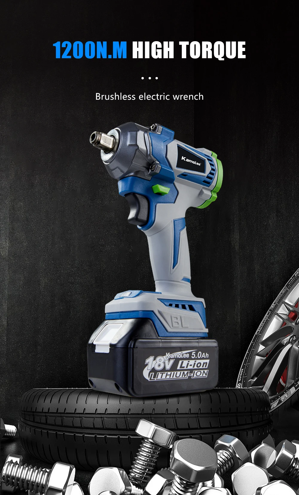 Kamolee 1200N.M Torque Brushless Electric Impact WrenchIn 1/2 1/4 Lithium-Ion Battery