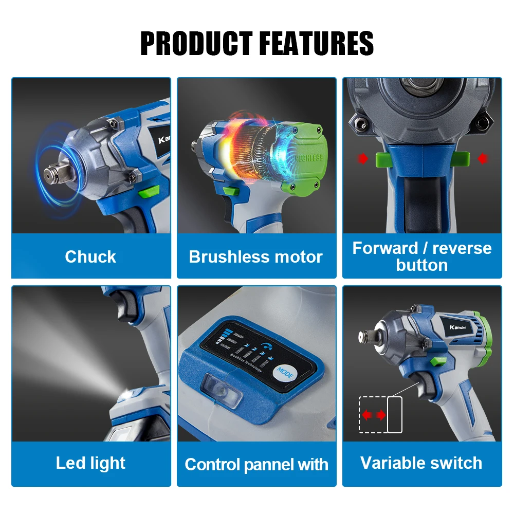 Kamolee 1200N.M Torque Brushless Electric Impact WrenchIn 1/2 1/4 Lithium-Ion Battery
