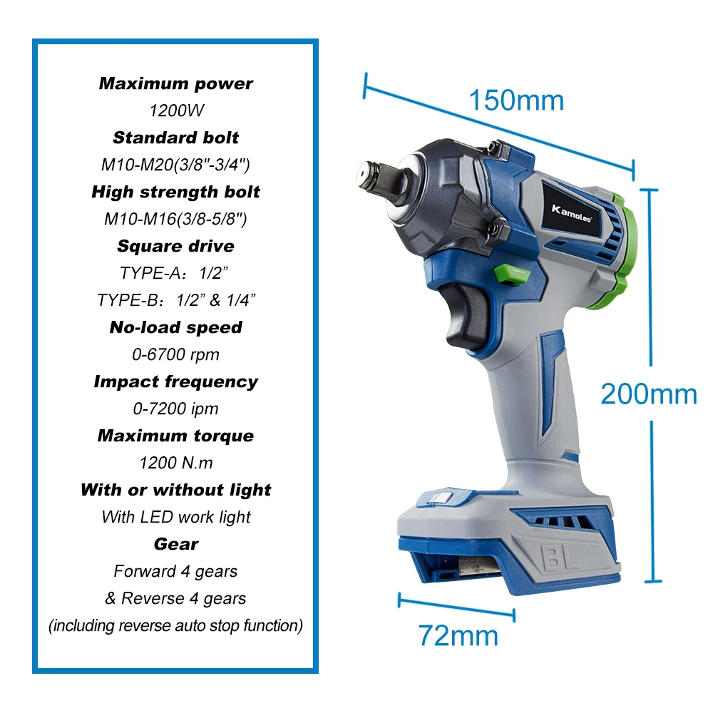 Kamolee 1200N.M Torque Brushless Electric Impact WrenchIn 1/2 1/4 Lithium-Ion Battery