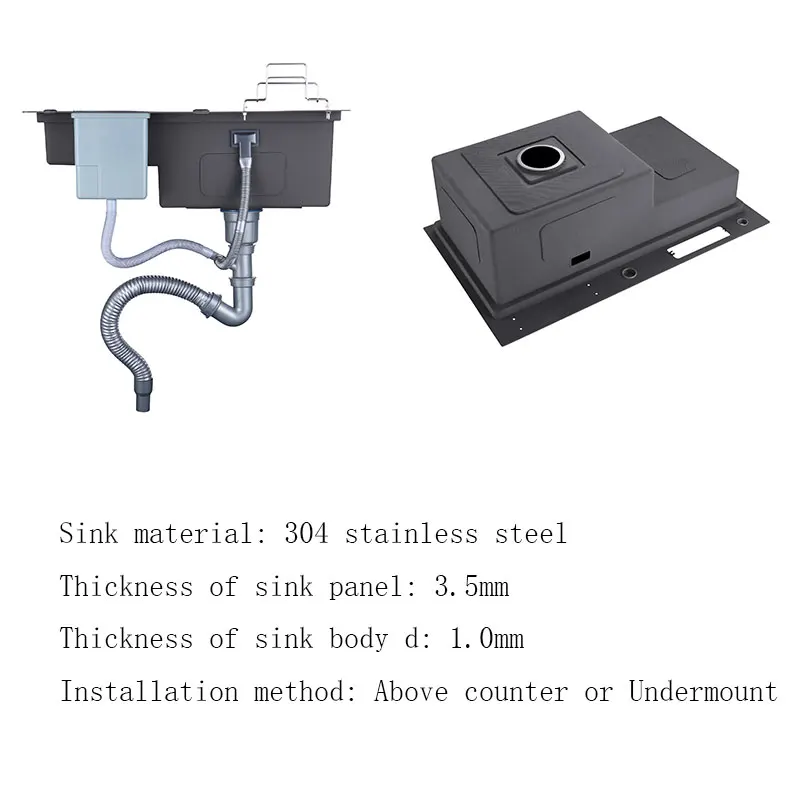 High and Low Kitchen Sink With Knife Holder Cutting Board Rack Stainless Steel Pia Matte Black Sink Vegetable Washing Basin