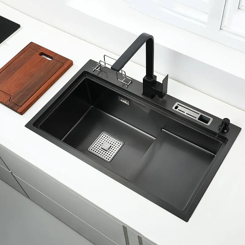 High and Low Kitchen Sink With Knife Holder Cutting Board Rack Stainless Steel Pia Matte Black Sink Vegetable Washing Basin
