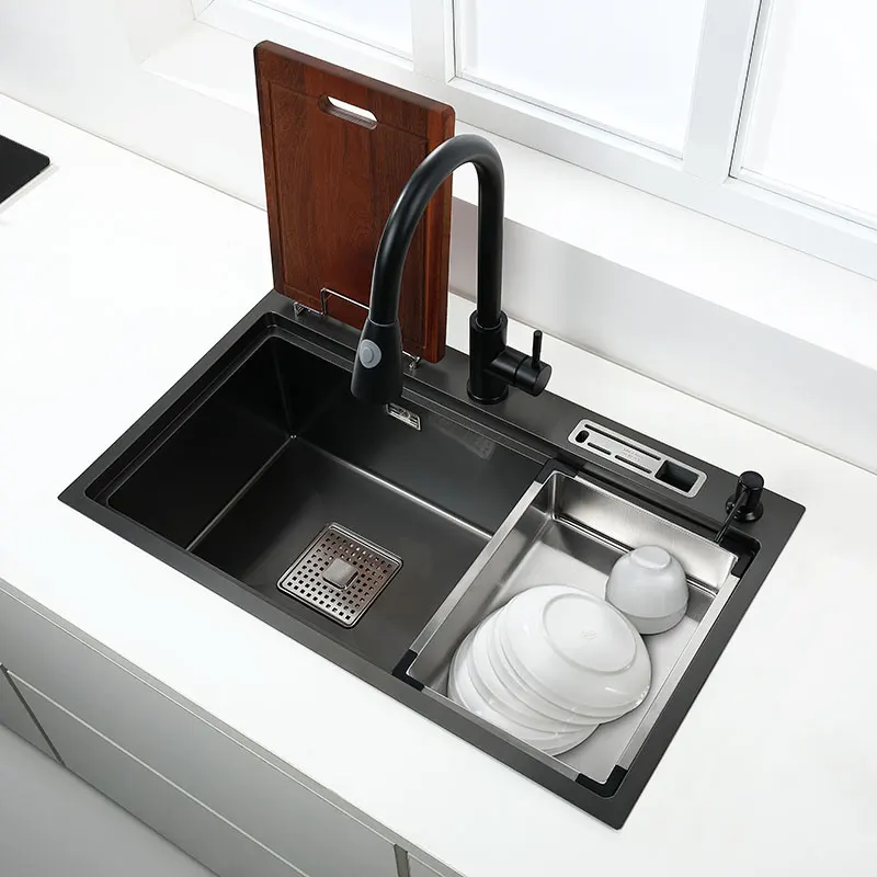 High and Low Kitchen Sink With Knife Holder Cutting Board Rack Stainless Steel Pia Matte Black Sink Vegetable Washing Basin