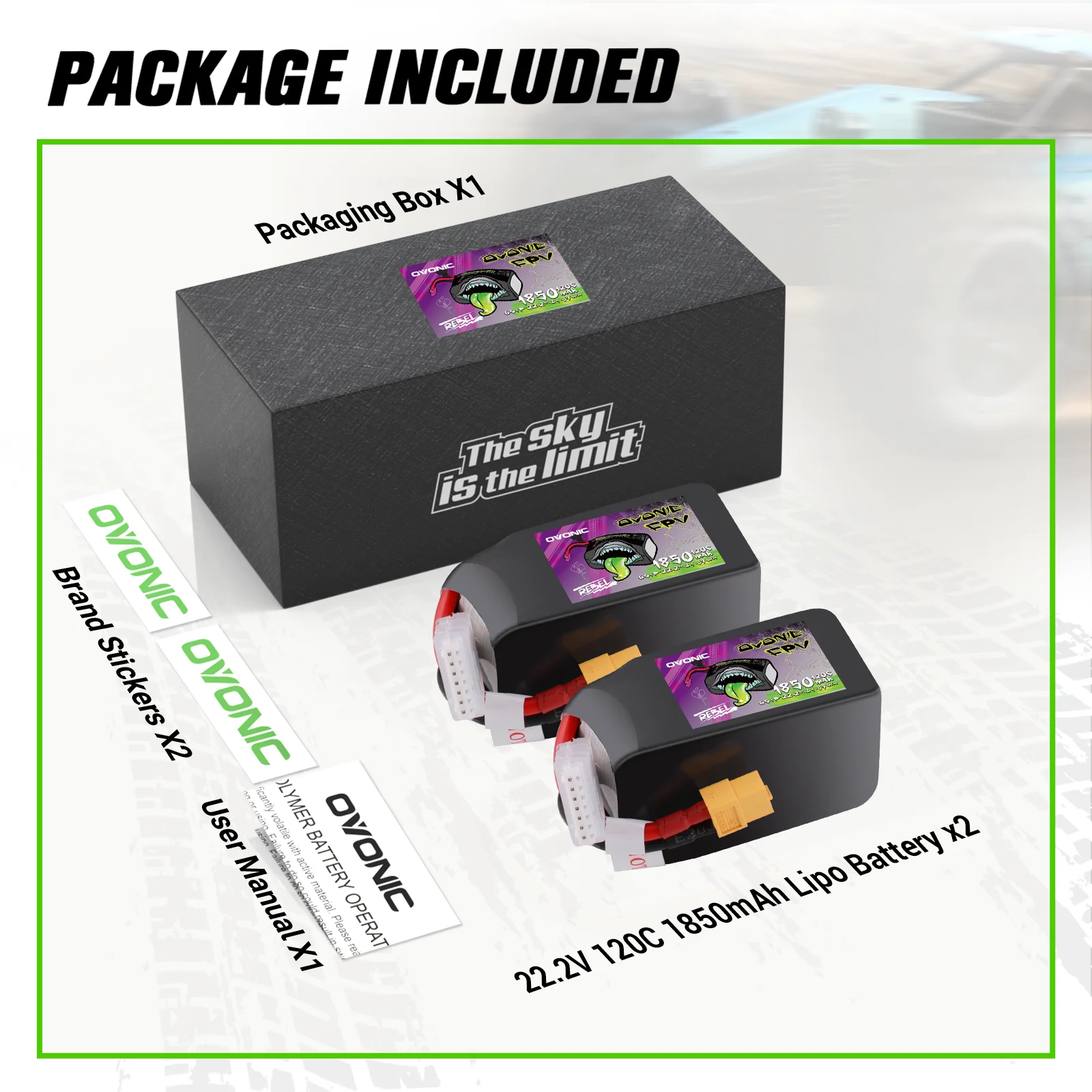 Ovonic 6S Lipo Battery 1850mah 120C 22.2V FPV Pack with XT60 Plug for 5 to 6 inch FPV Drones Racing Freestyle Drones(2P