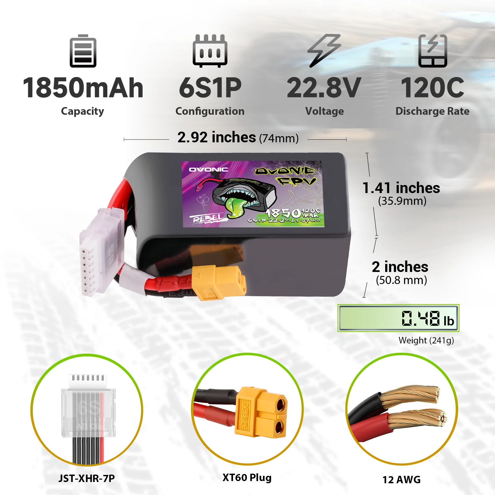 Ovonic 6S Lipo Battery 1850mah 120C 22.2V FPV Pack with XT60 Plug for 5 to 6 inch FPV Drones Racing Freestyle Drones(2P