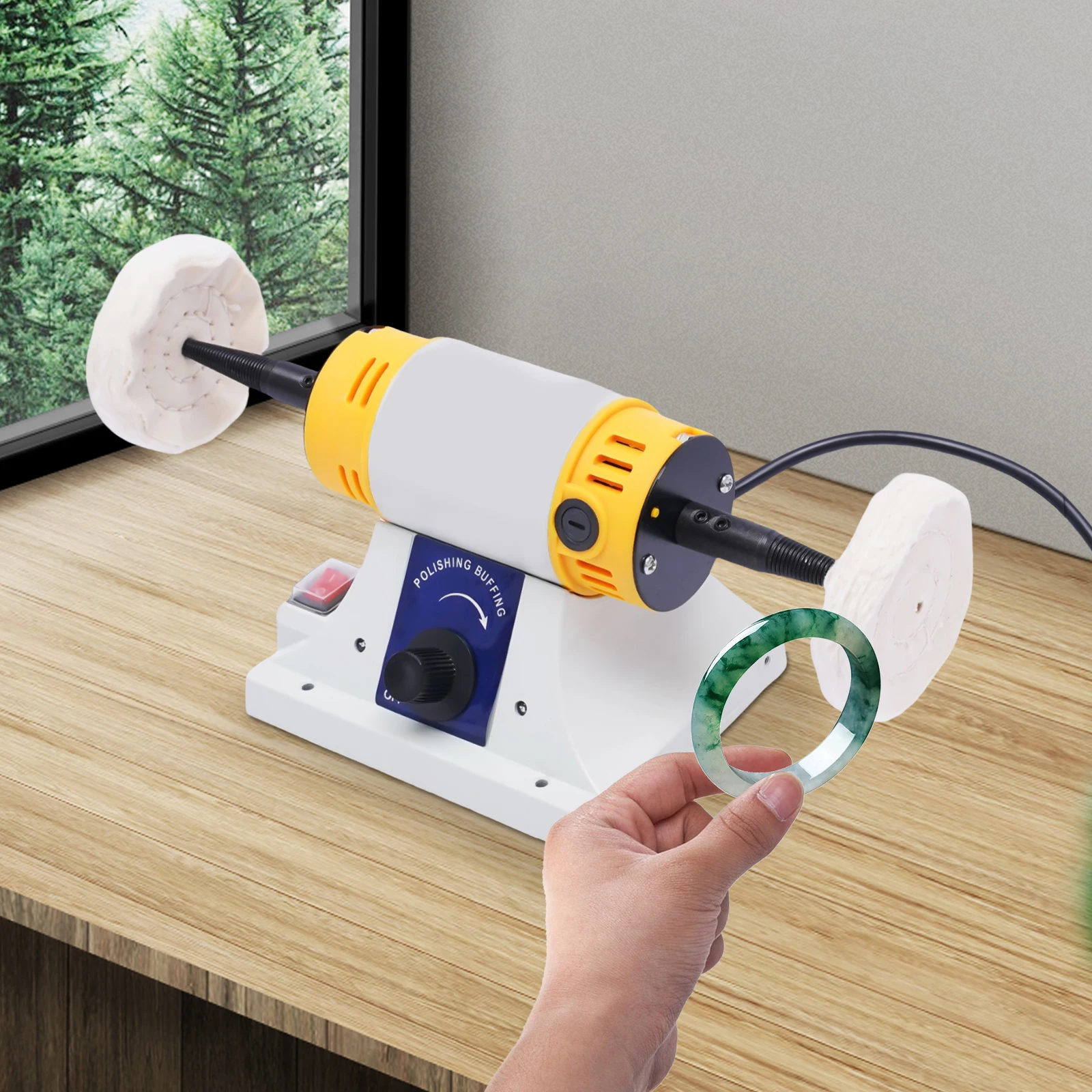 320W Jewelry Polisher Adjustable Speed with Cloth Wheels Polishing Machine, Multi-Function Bench Buffer Polisher, EU Plug