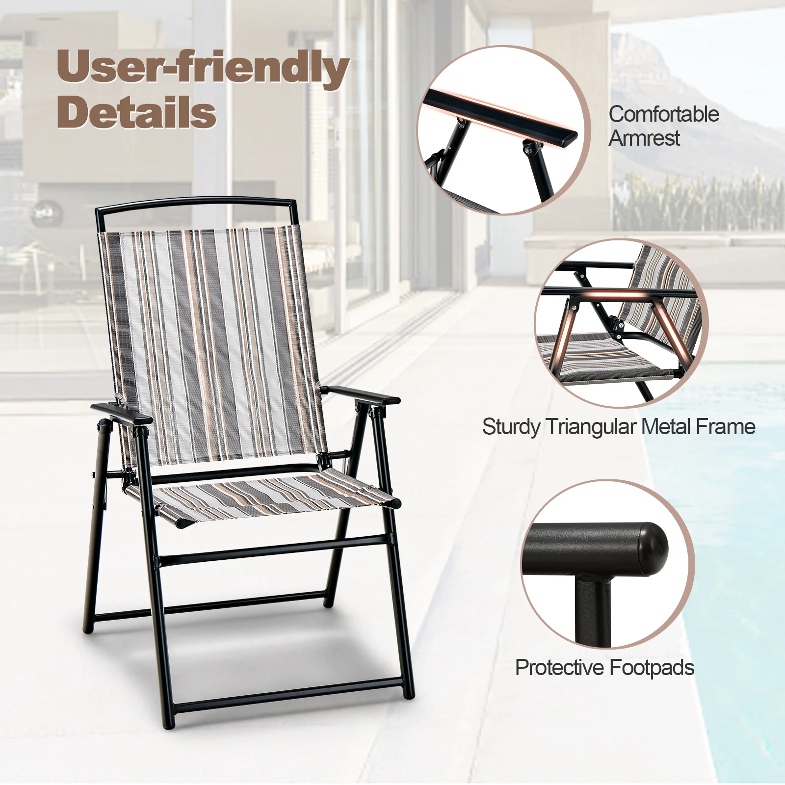 Set of 2 Garden Chairs, High-Backed Folding Chairs with Armrests, Balcony Chairs with Breathable Fabric, Patio Chairs