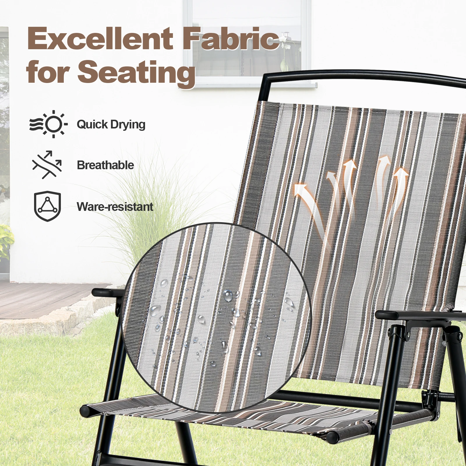 Set of 2 Garden Chairs, High-Backed Folding Chairs with Armrests, Balcony Chairs with Breathable Fabric, Patio Chairs