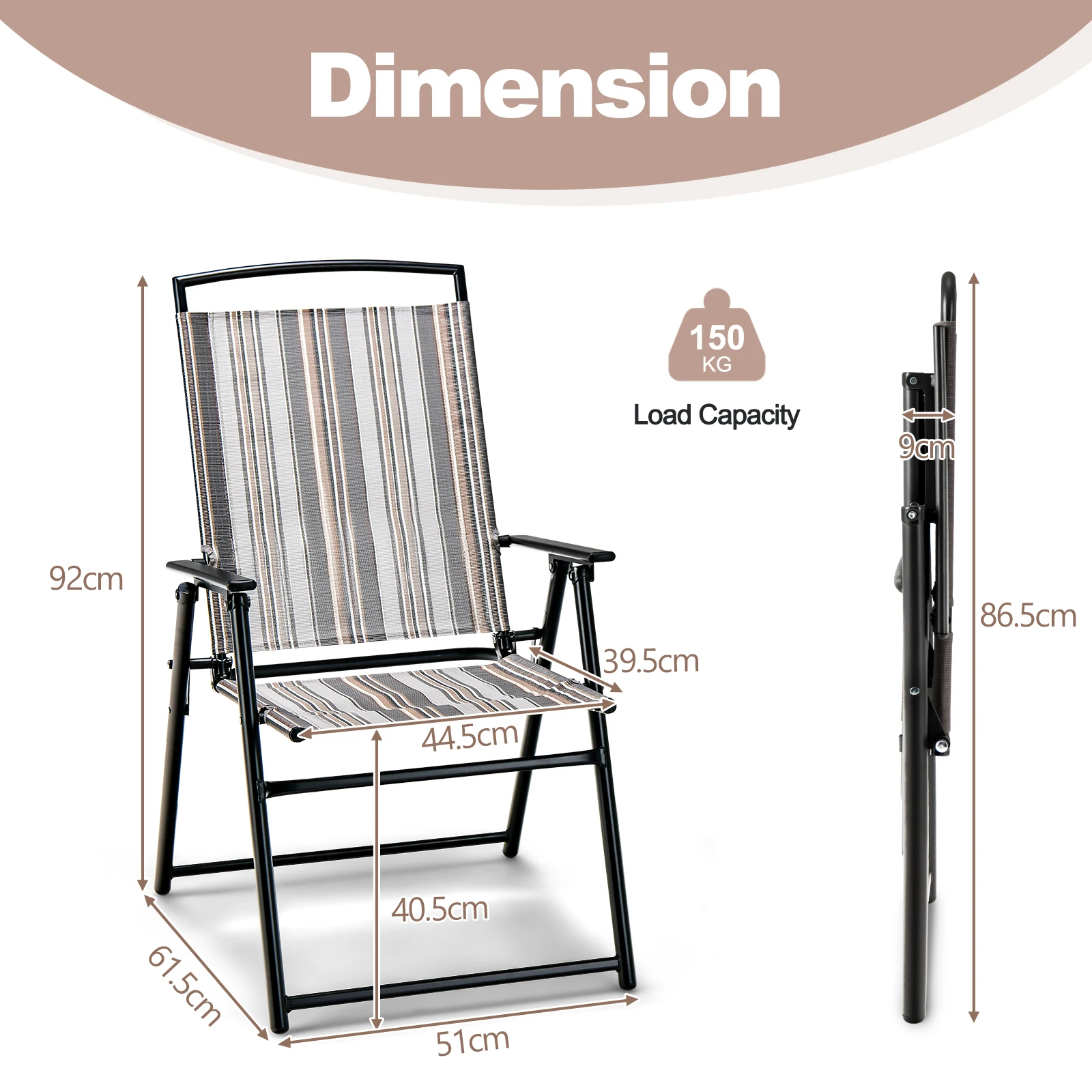 Set of 2 Garden Chairs, High-Backed Folding Chairs with Armrests, Balcony Chairs with Breathable Fabric, Patio Chairs