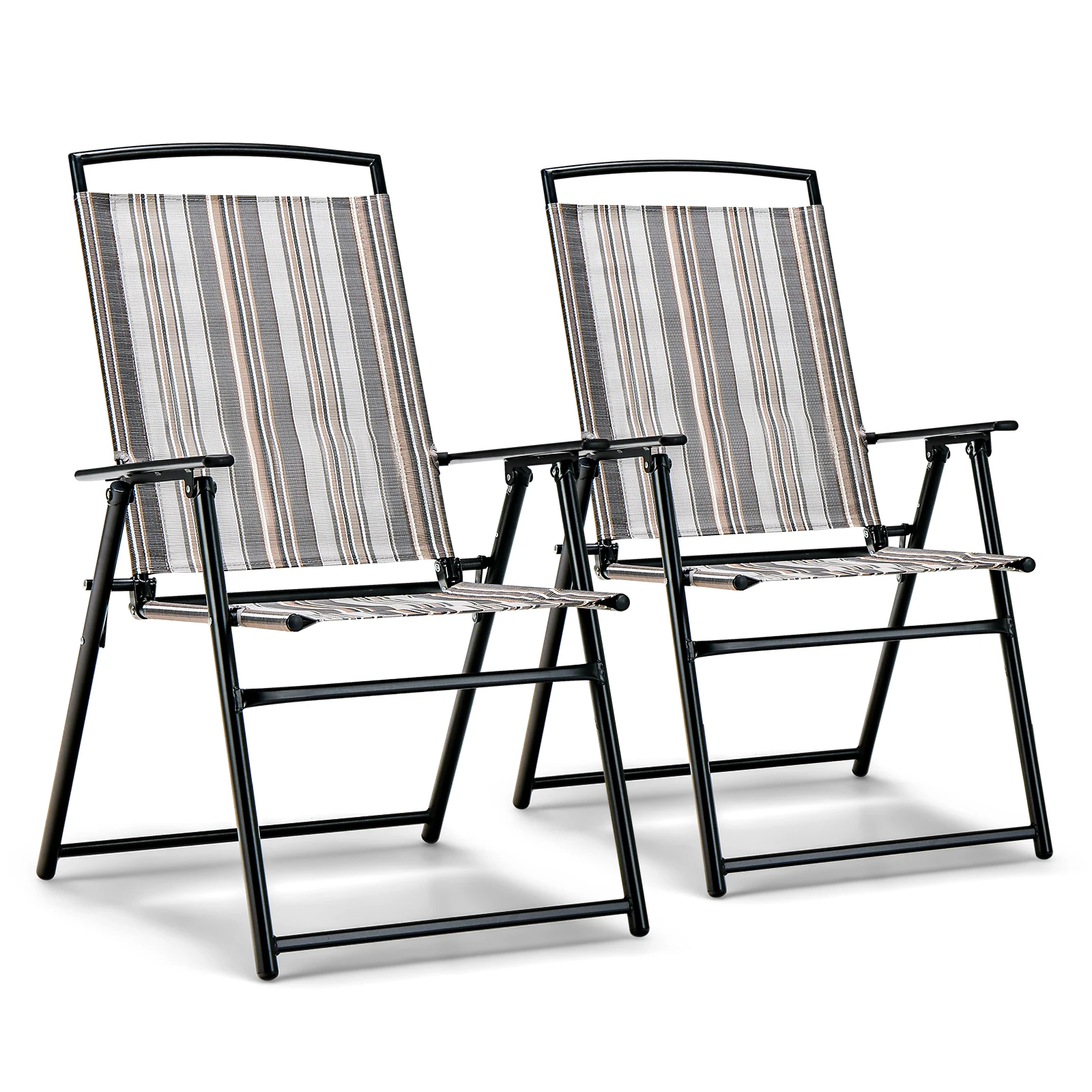 Set of 2 Garden Chairs, High-Backed Folding Chairs with Armrests, Balcony Chairs with Breathable Fabric, Patio Chairs