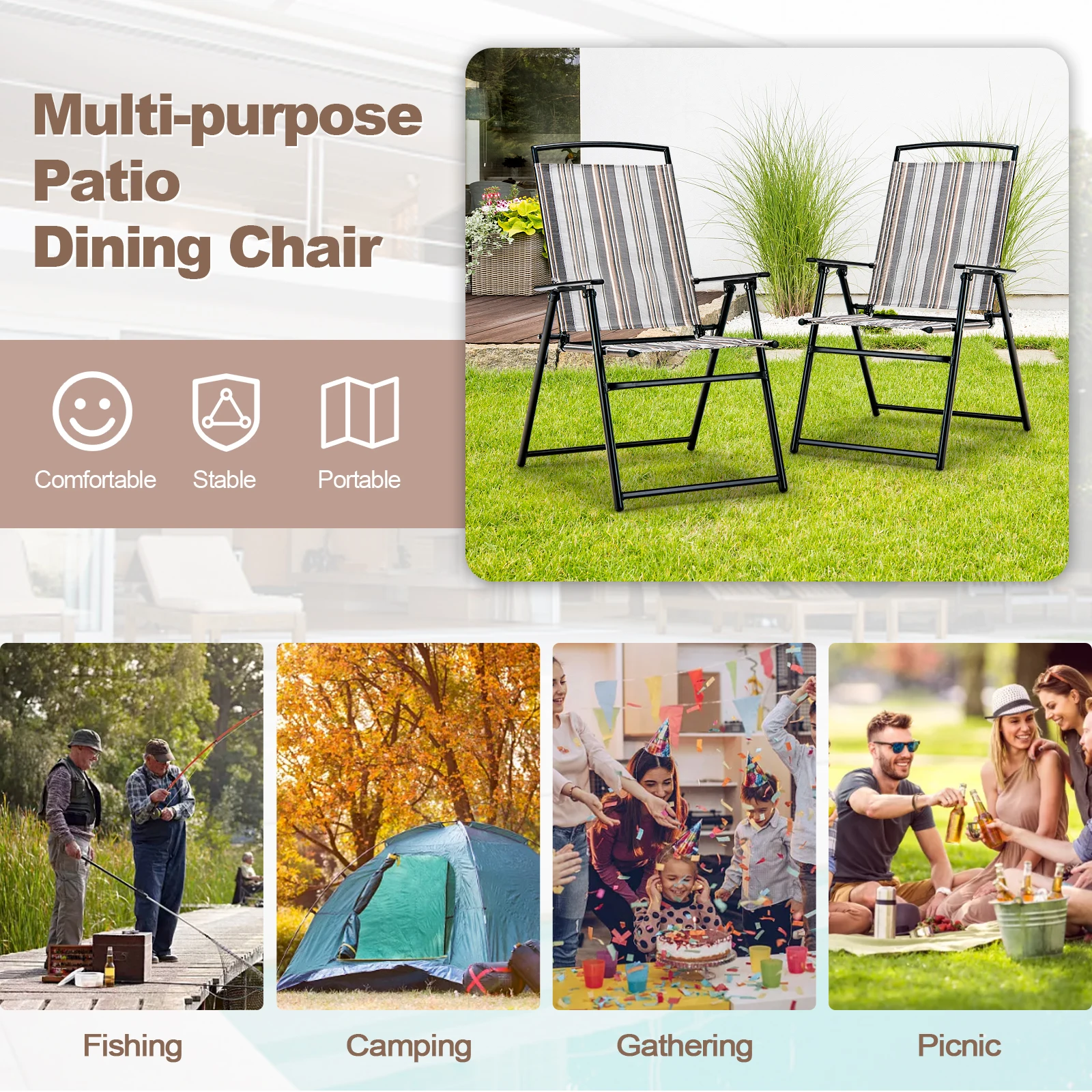 Set of 2 Garden Chairs, High-Backed Folding Chairs with Armrests, Balcony Chairs with Breathable Fabric, Patio Chairs