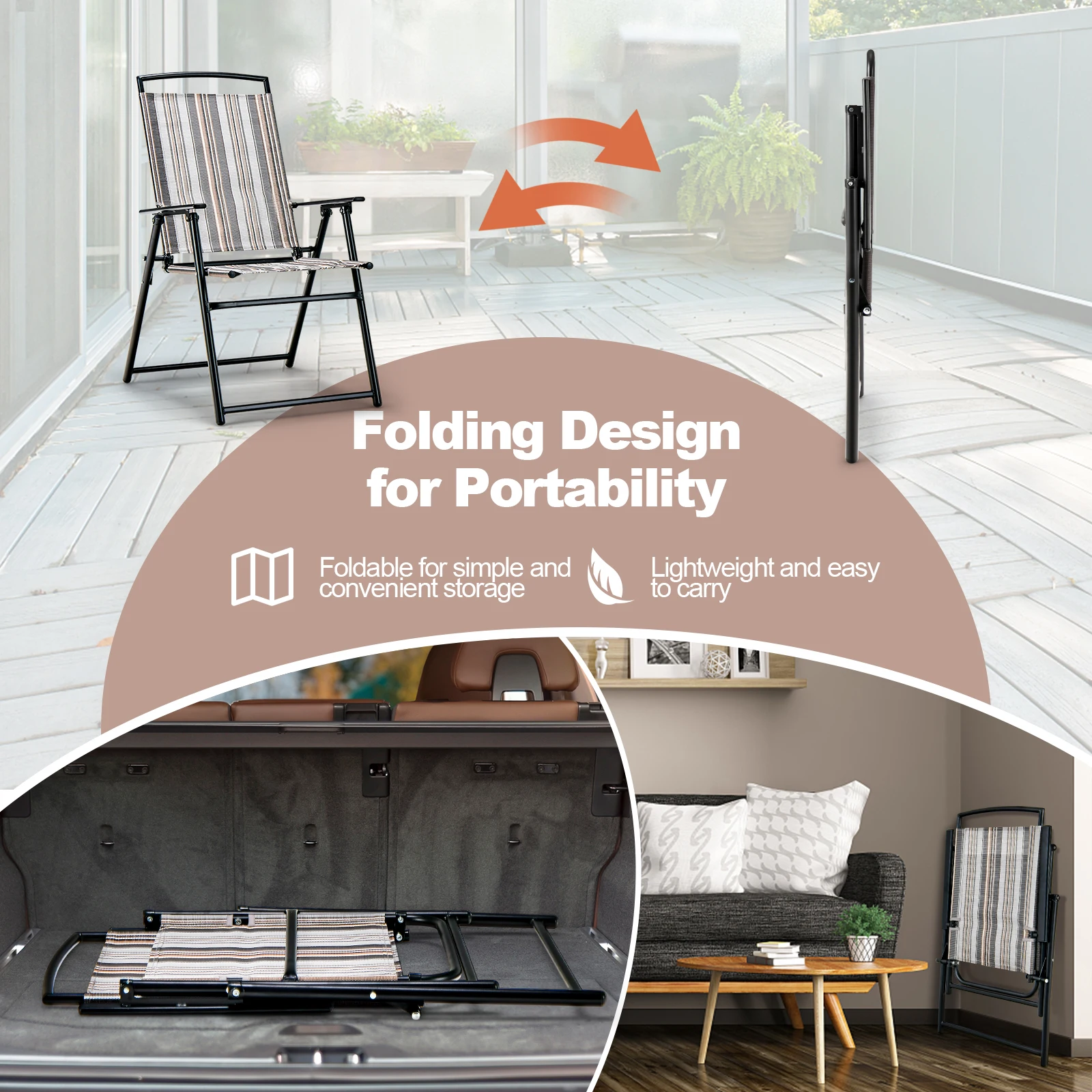 Set of 2 Garden Chairs, High-Backed Folding Chairs with Armrests, Balcony Chairs with Breathable Fabric, Patio Chairs