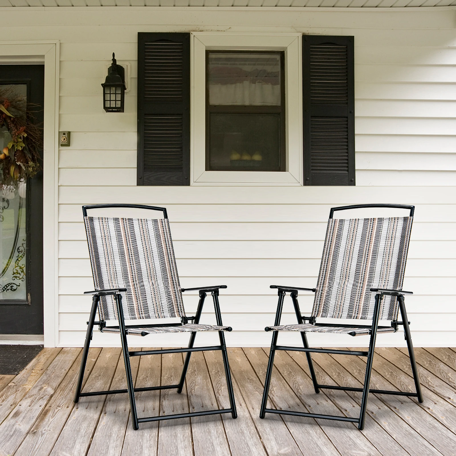 Set of 2 Garden Chairs, High-Backed Folding Chairs with Armrests, Balcony Chairs with Breathable Fabric, Patio Chairs