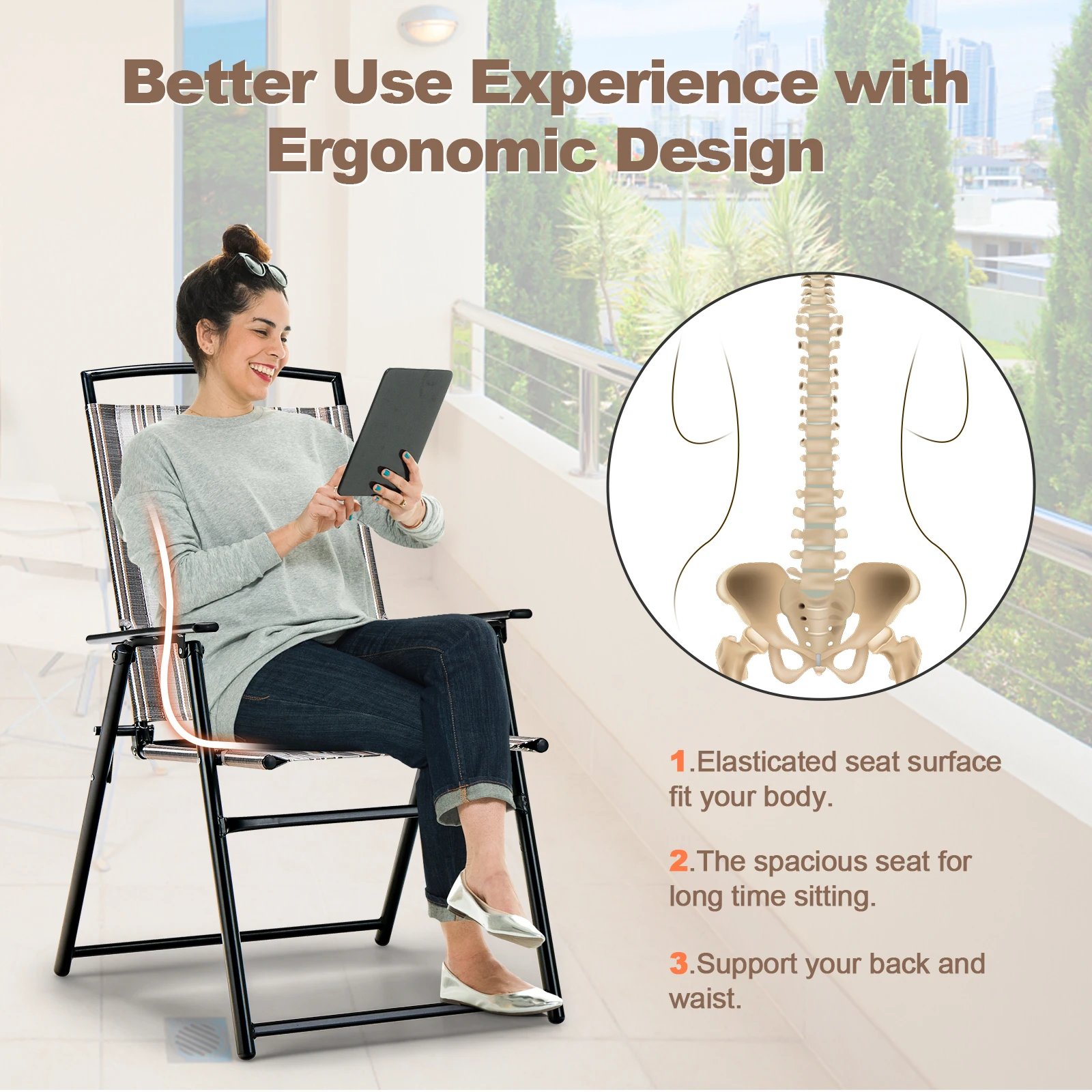 Set of 2 Garden Chairs, High-Backed Folding Chairs with Armrests, Balcony Chairs with Breathable Fabric, Patio Chairs
