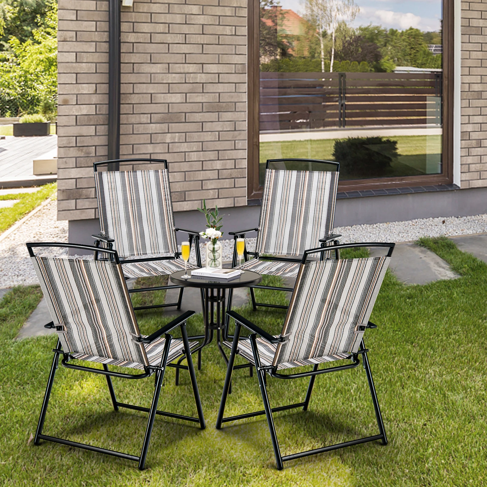 Set of 2 Garden Chairs, High-Backed Folding Chairs with Armrests, Balcony Chairs with Breathable Fabric, Patio Chairs