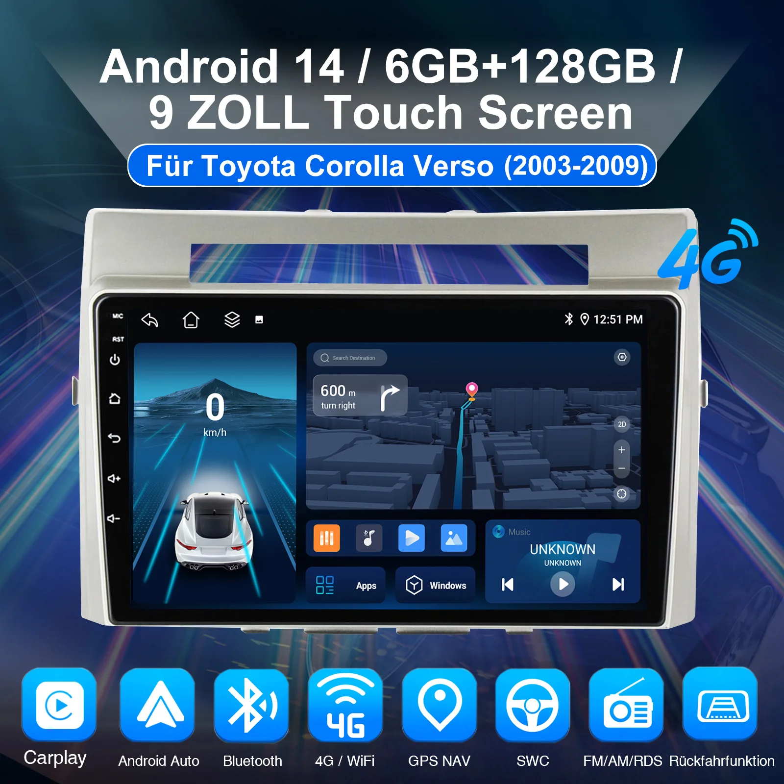 ESSGOO 9" For Toyota Corolla Verso 2003-09 Android 14 Car Stereo Radio Wireless Carplay Android Auto GPS Nav 4G WIFI DSP 6+128G