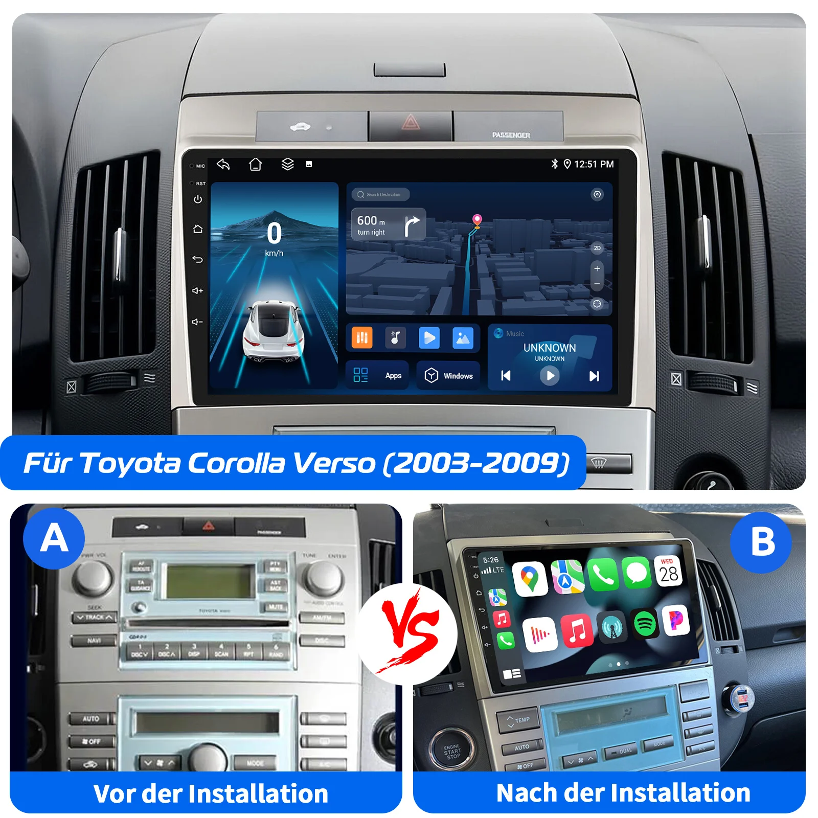 ESSGOO 9" For Toyota Corolla Verso 2003-09 Android 14 Car Stereo Radio Wireless Carplay Android Auto GPS Nav 4G WIFI DSP 6+128G