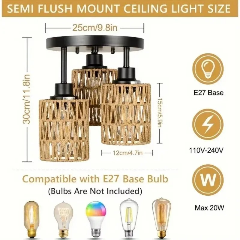 JOYINLED Handmade Rattan Ceiling Lamp Woven Boho Chandelier with E27 Socket Wicker Pendant Light for Bedroom Dining Hallway
