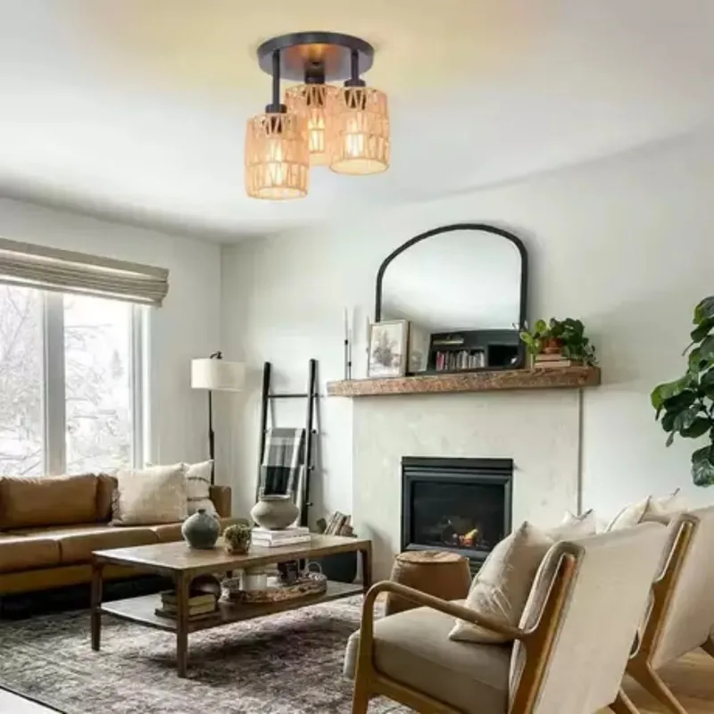 JOYINLED Handmade Rattan Ceiling Lamp Woven Boho Chandelier with E27 Socket Wicker Pendant Light for Bedroom Dining Hallway