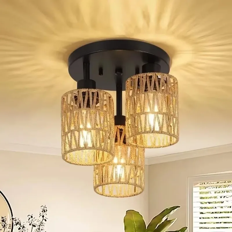 JOYINLED Handmade Rattan Ceiling Lamp Woven Boho Chandelier with E27 Socket Wicker Pendant Light for Bedroom Dining Hallway