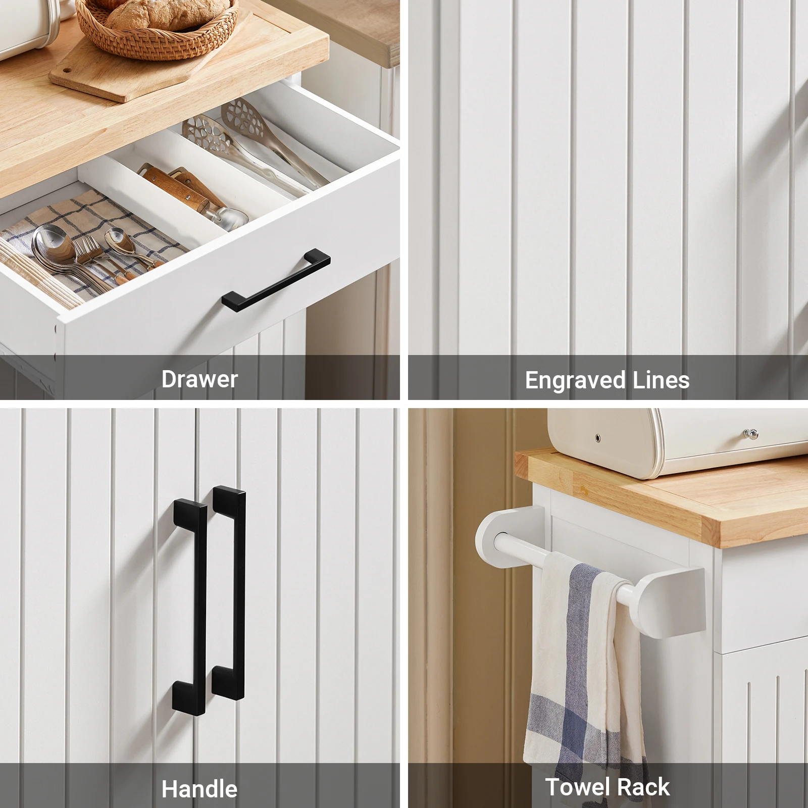 SoBuy FKW119-WN Kitchen Carts with Work plate serving trolley with Roller Trolley kitchen Kitchen Island Kitchens wardrobe White-Nature