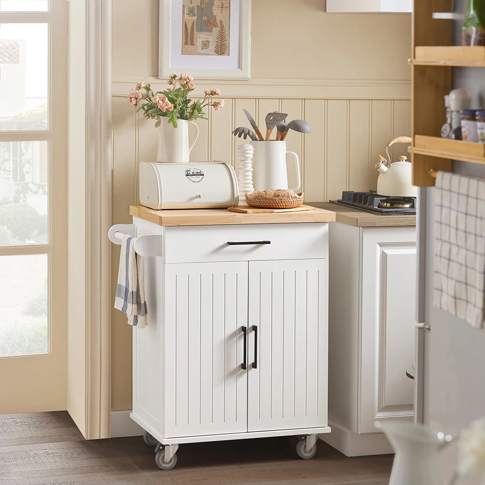 SoBuy FKW119-WN Kitchen Carts with Work plate serving trolley with Roller Trolley kitchen Kitchen Island Kitchens wardrobe White-Nature
